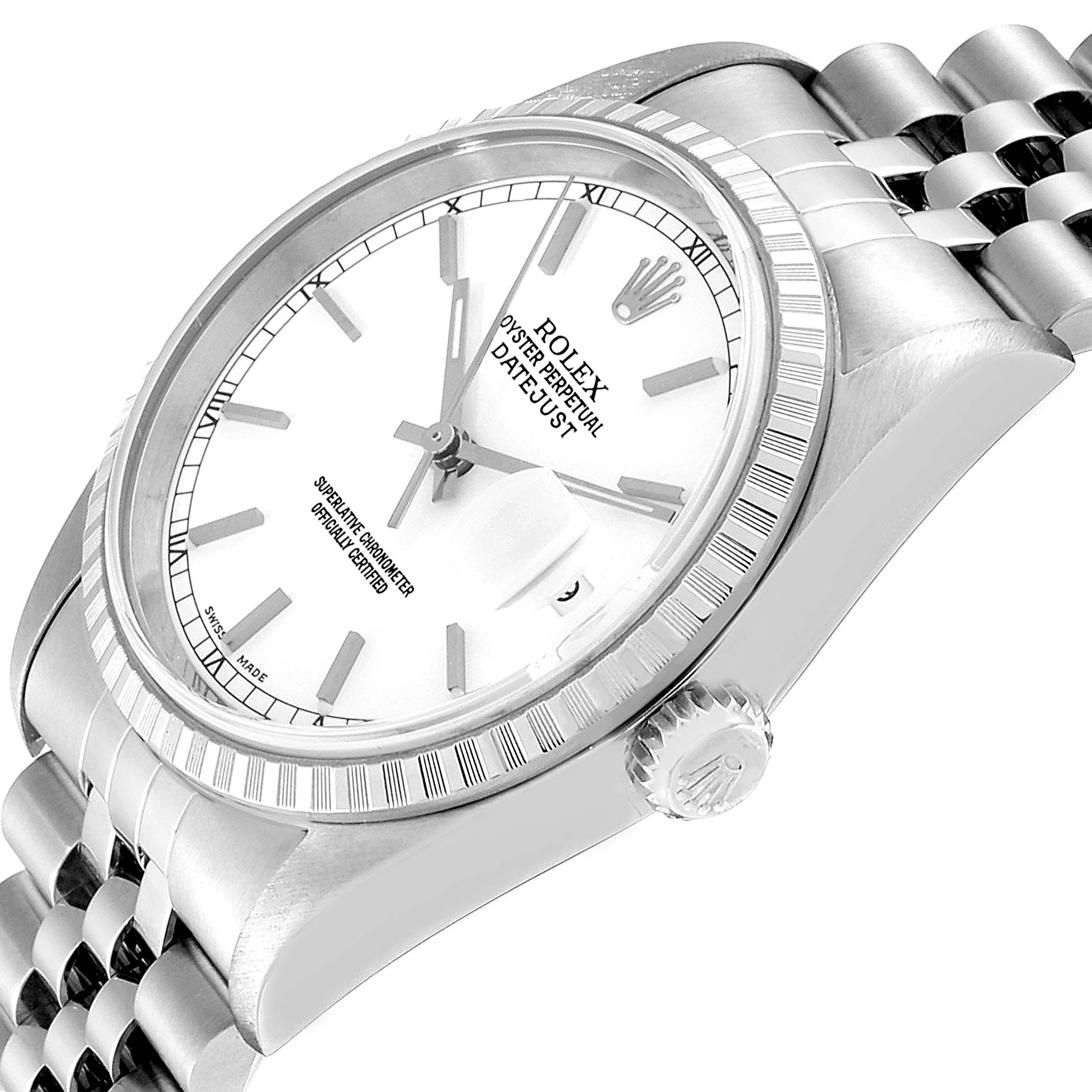 This image shows a Rolex Datejust 16220 Men's Stainless Steel White Dial 16220 Men's Stainless Steel White Dial watch at an angle, highlighting the dial, bezel, crown, and part of the bracelet.