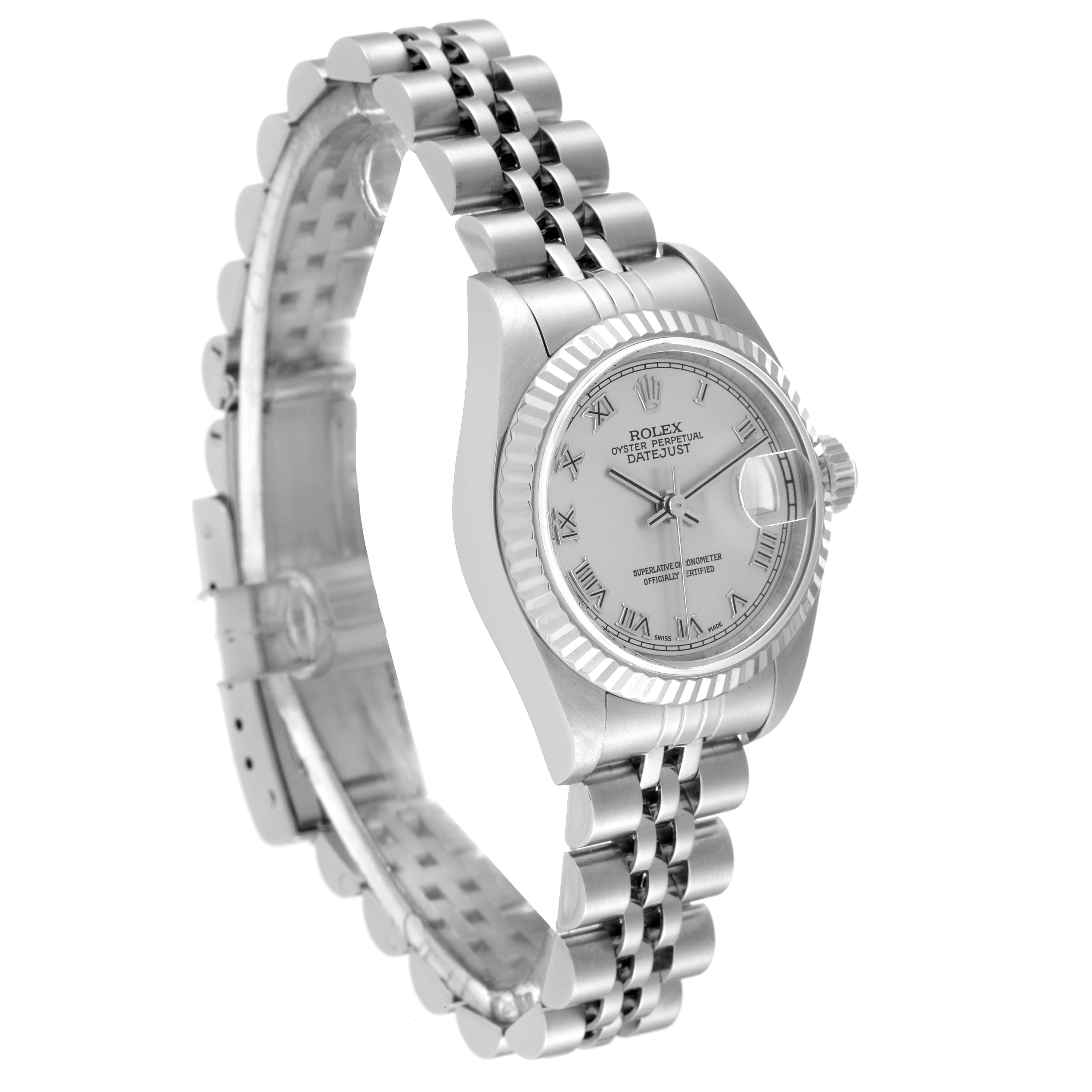 The image shows a side angle of the Rolex Datejust 79174 Women's Stainless Steel Silver Dial 79174 Women's Stainless Steel Silver Dial watch, focusing on its face, bezel, and bracelet.