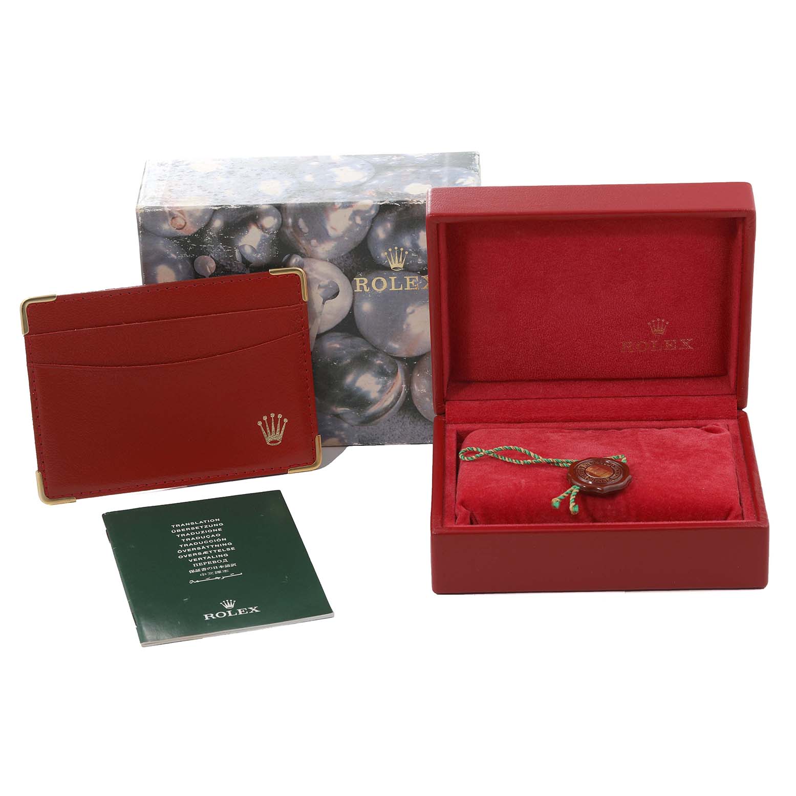The image shows a Rolex Datejust 79174 Women's Stainless Steel Silver Dial 79174 Women's Stainless Steel Silver Dial watch box set including the packaging box, watch case, cardholder, and manual.