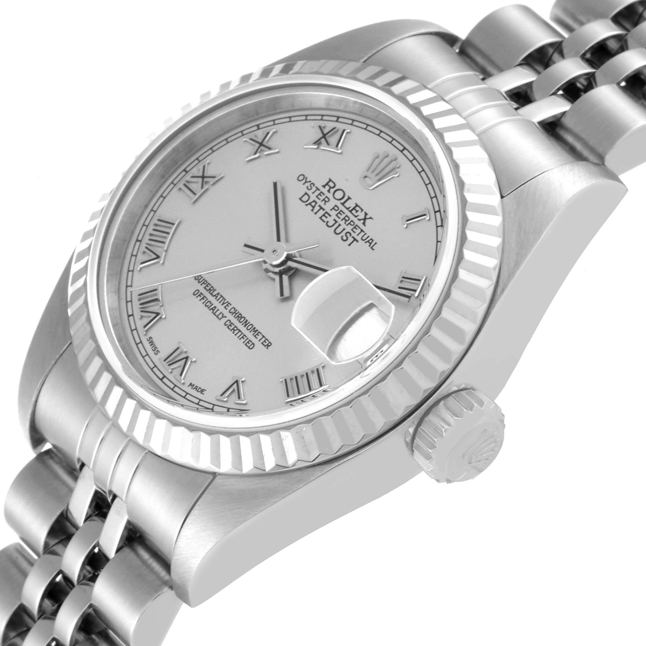This image shows a close-up angled view of a Rolex Datejust 79174 Women's Stainless Steel Silver Dial 79174 Women's Stainless Steel Silver Dial watch, highlighting the face, crown, and part of the bracelet.