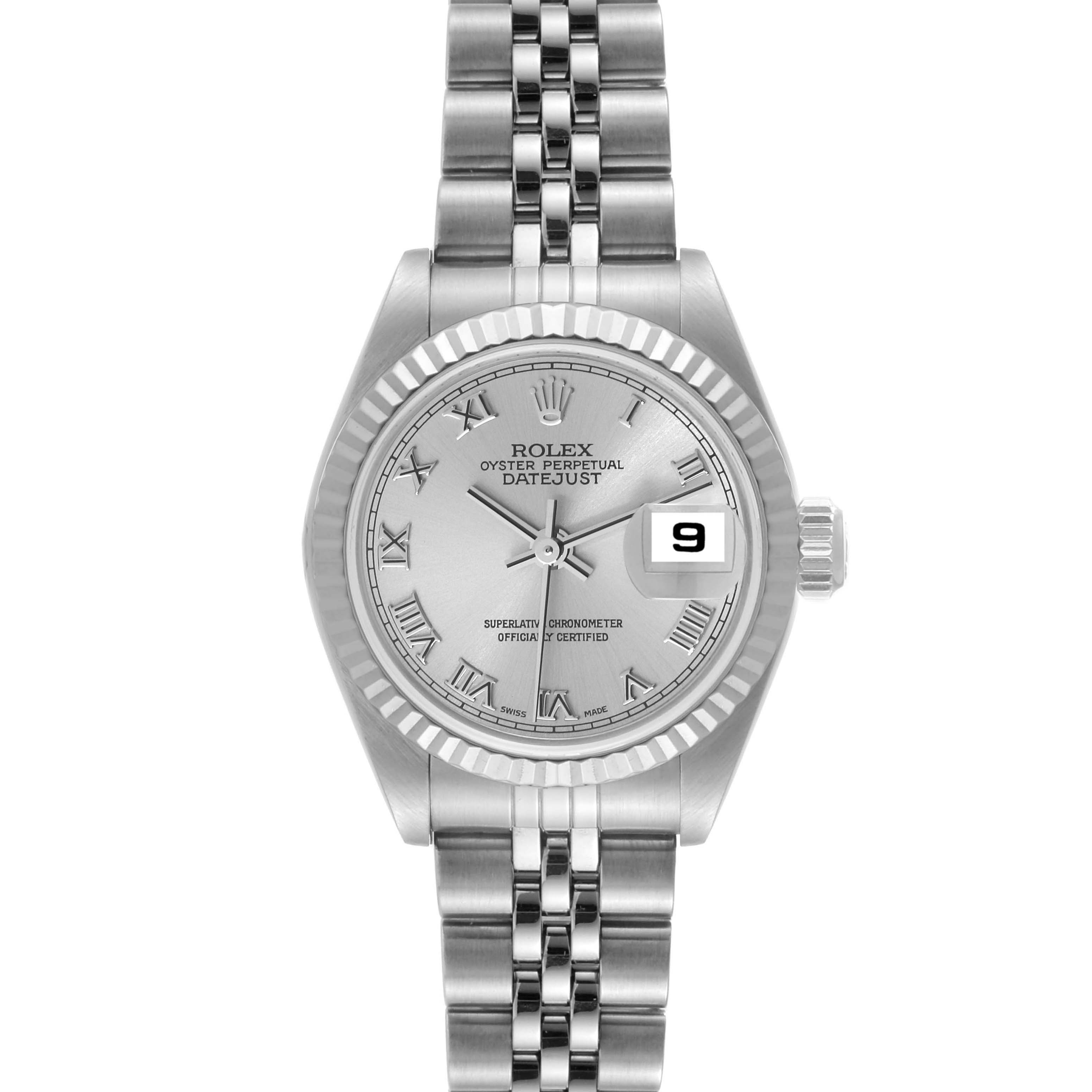 This image shows a front view of the Rolex Datejust 79174 Women's Stainless Steel Silver Dial 79174 Women's Stainless Steel Silver Dial watch, highlighting its silver dial, date window, and stainless steel bracelet.