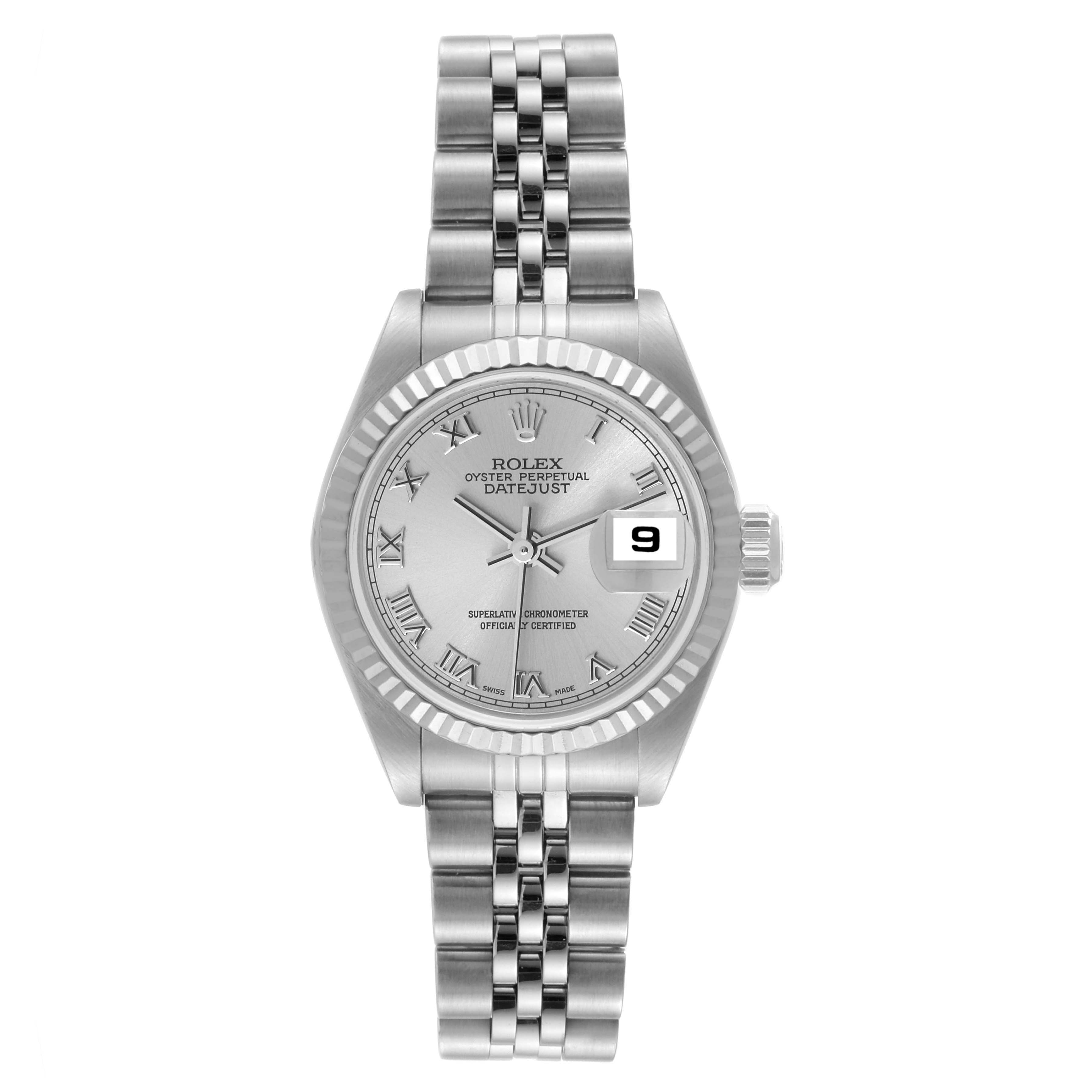 The image shows a front view of the Rolex Datejust 79174 Women's Stainless Steel Silver Dial 79174 Women's Stainless Steel Silver Dial watch, displaying its dial, bezel, and bracelet.