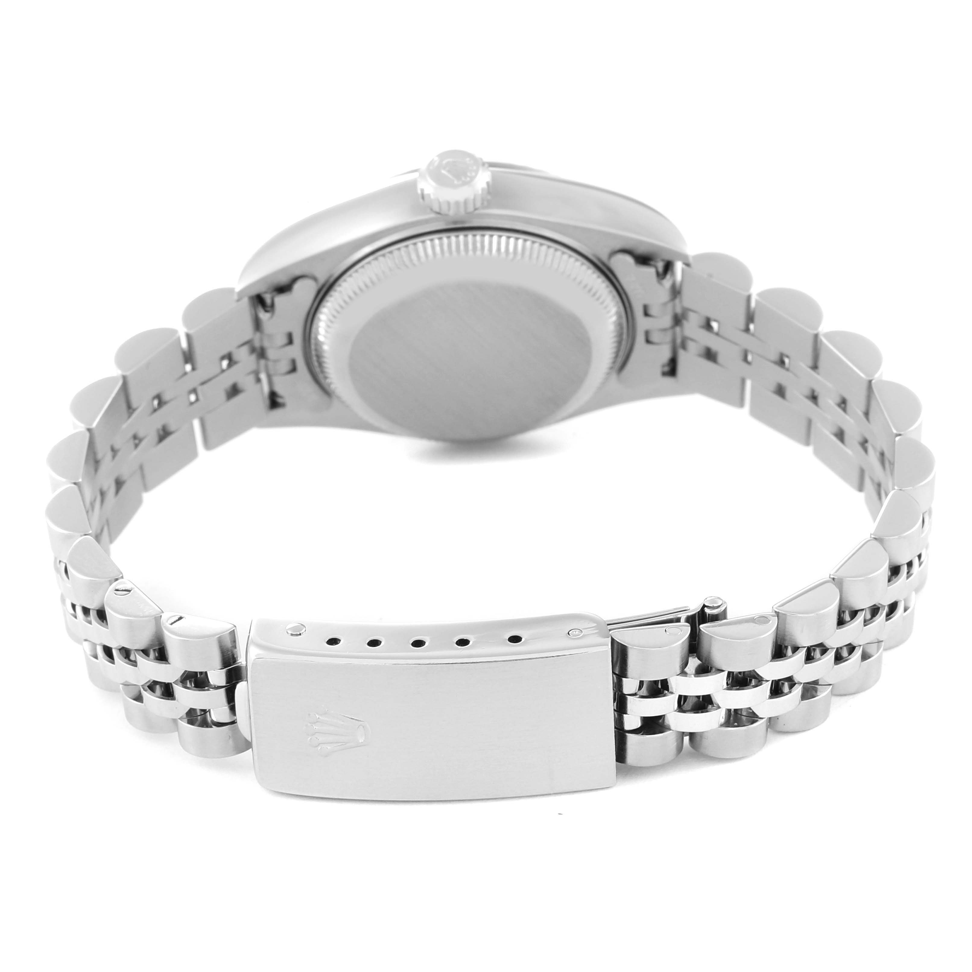 This image shows the back view and bracelet of the Rolex Datejust 79174 Women's Stainless Steel Silver Dial 79174 Women's Stainless Steel Silver Dial watch, highlighting the clasp and case back.