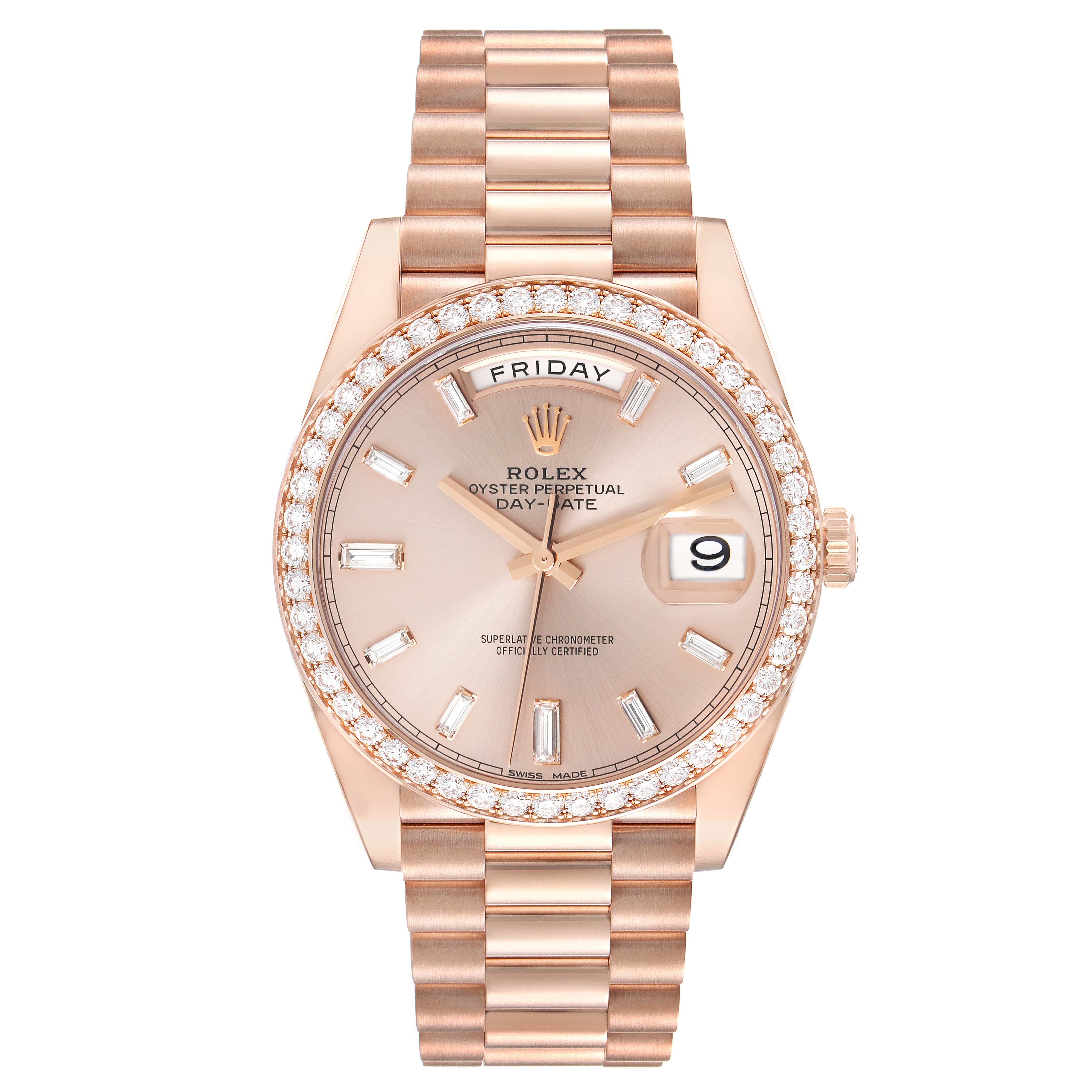 The Rolex President 228345 Men's Rose Gold Pink Dial 228345 Men's Rose Gold Pink Dial model is shown from a front view, displaying its face, bezel, and bracelet.