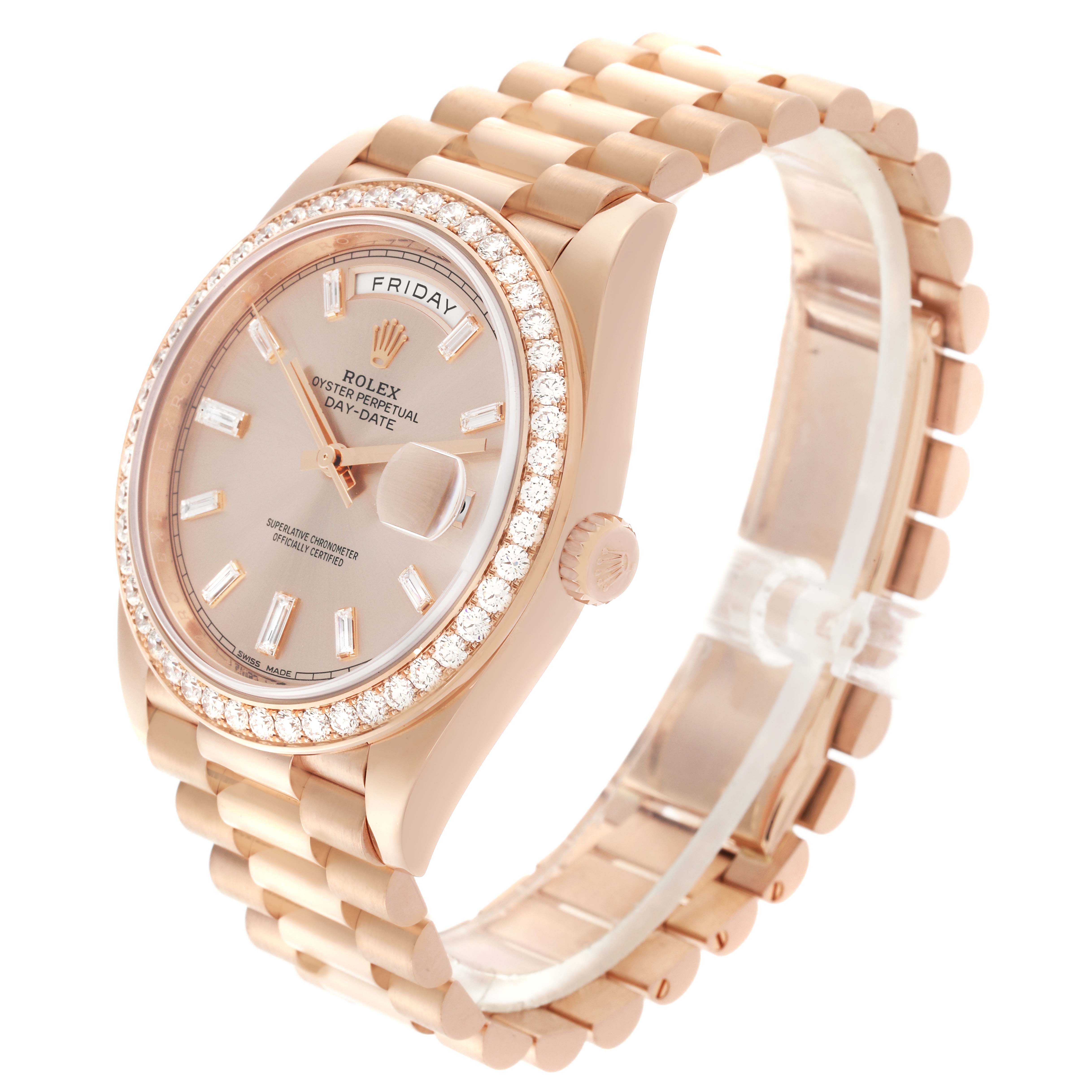 The Rolex President 228345 Men's Rose Gold Pink Dial 228345 Men's Rose Gold Pink Dial model is shown at an angle displaying the face, bracelet, bezel, and crown.