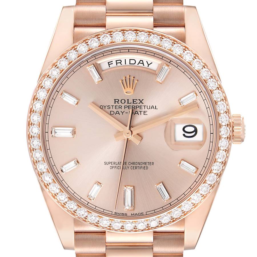 The Rolex President model is shown from the front, highlighting the diamond bezel, day and date indicators, and rose gold finish.