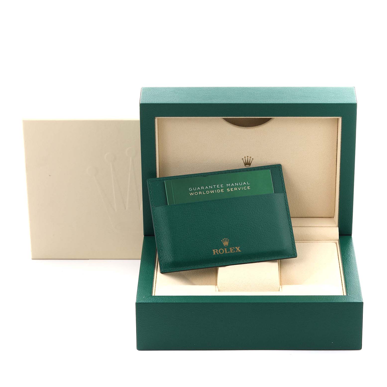 The image shows a Rolex President 228345 Men's Rose Gold Pink Dial 228345 Men's Rose Gold Pink Dial model box with a warranty manual in a green sleeve, accompanied by a beige outer box.