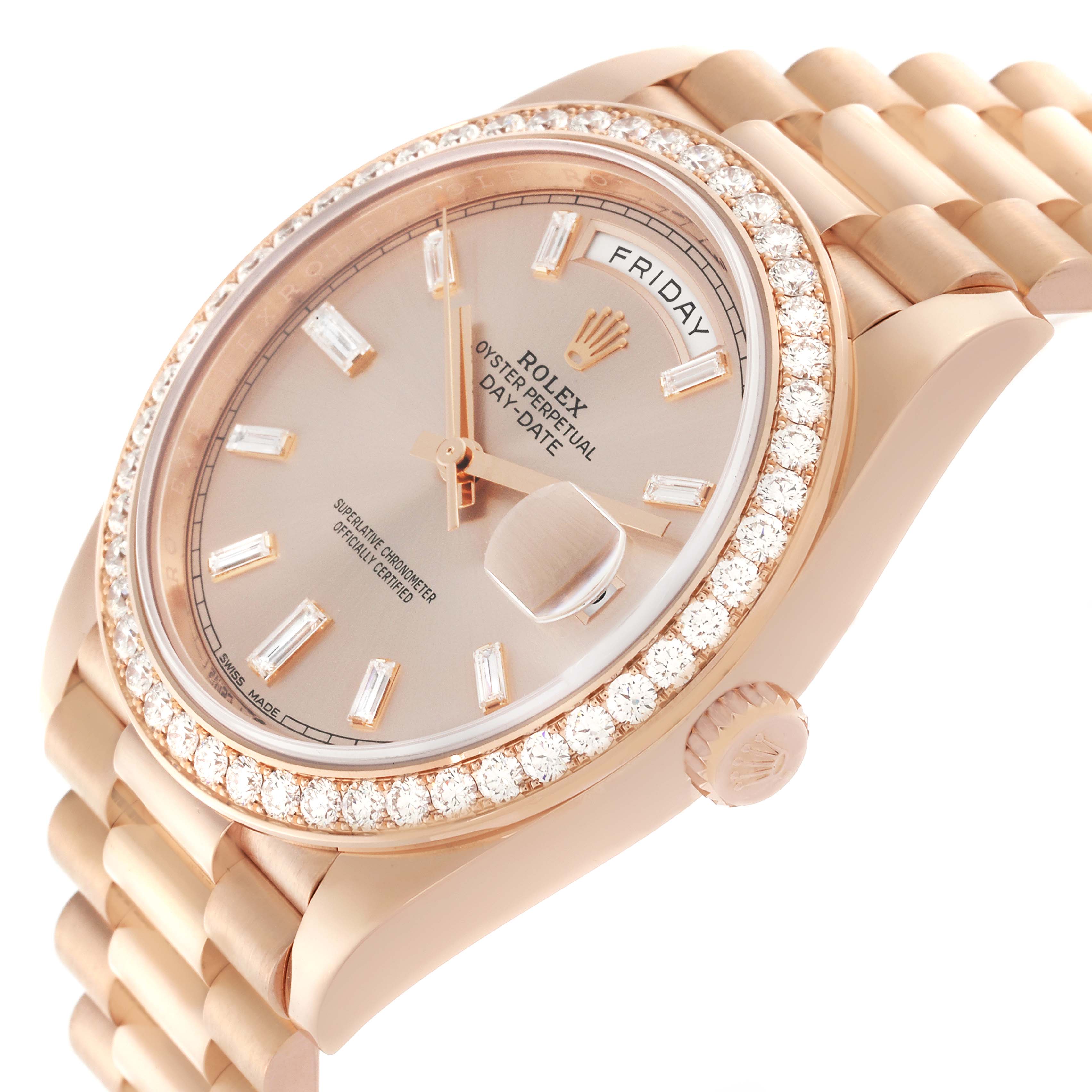 The Rolex President 228345 Men's Rose Gold Pink Dial 228345 Men's Rose Gold Pink Dial watch is shown at a three-quarter angle, highlighting the face, diamond bezel, and part of the bracelet.