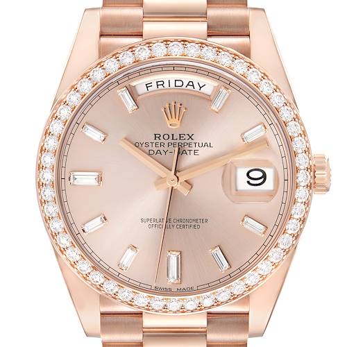 The image shows a front view of the Rolex President Day-Date watch face and band, highlighting its rose gold color and diamond bezel.