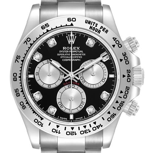 The Rolex Daytona 126509 Men's White Gold Black Dial watch is shown from a straight-on angle, displaying its face, bezel, and chronograph subdials.