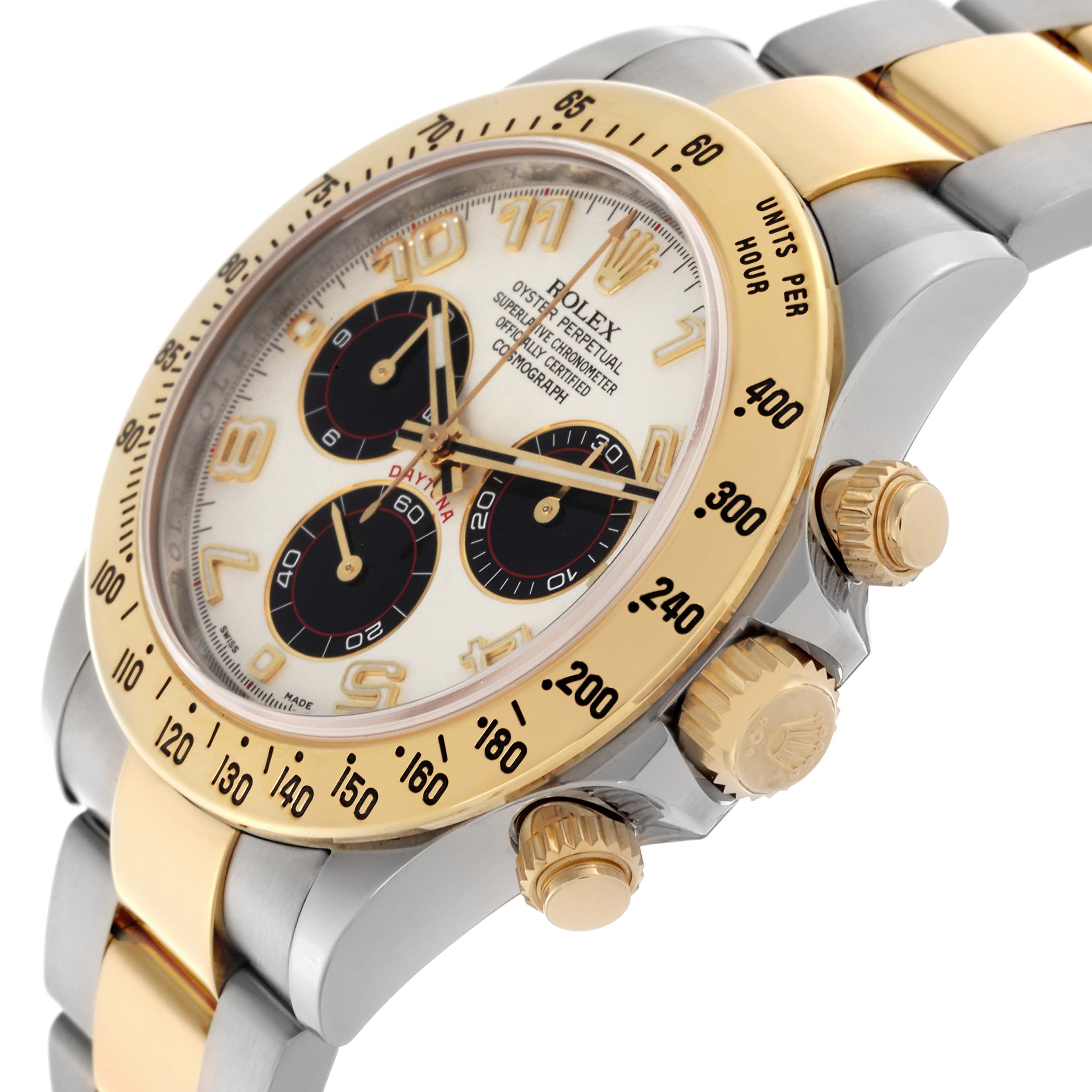 The Rolex Daytona 116523 Men
s Steel and Gold (two tone) Silver Dial 116523 Men
s Steel and Gold (two tone) Silver Dial watch is shown at a slight angle, highlighting the bezel, dial, and side pushers.