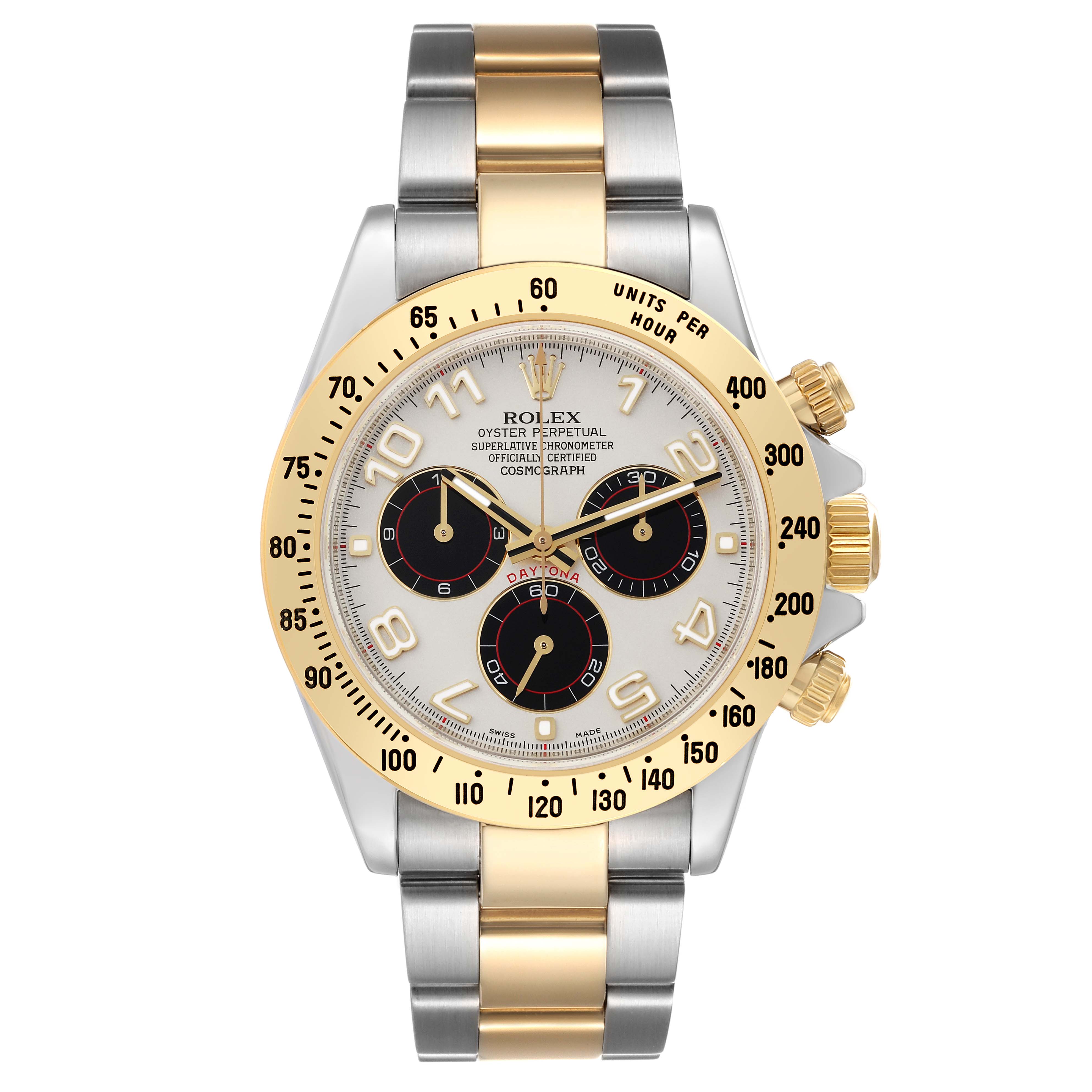 The image shows a front view of a Rolex Daytona 116523 Men
s Steel and Gold (two tone) Silver Dial 116523 Men
s Steel and Gold (two tone) Silver Dial watch, highlighting its bezel, dial, and two-tone bracelet.