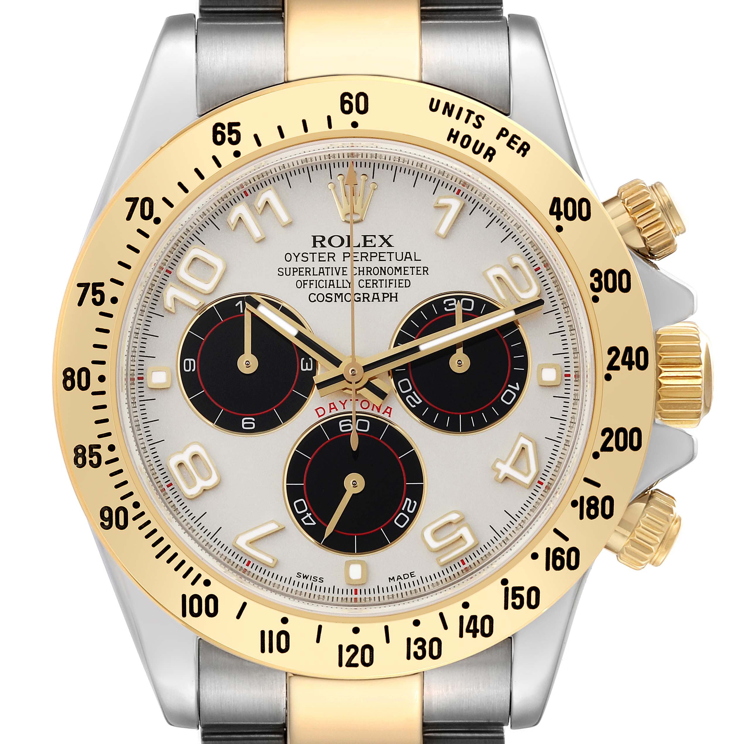 The Rolex Daytona 116523 Men
s Steel and Gold (two tone) Silver Dial 116523 Men
s Steel and Gold (two tone) Silver Dial watch is shown from a front view, highlighting its dial, bezel, and chronograph subdials.