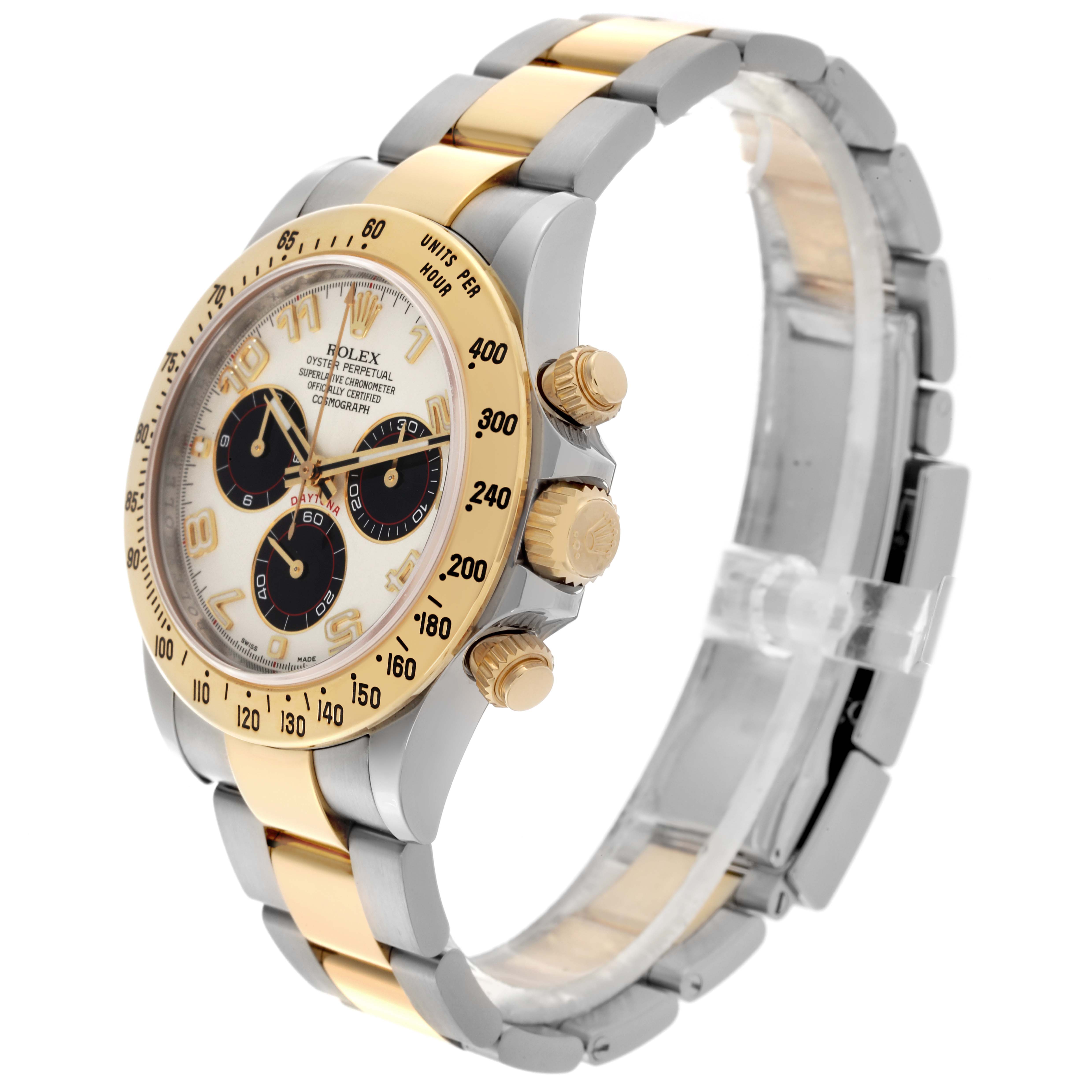 The Rolex Daytona 116523 Men
s Steel and Gold (two tone) Silver Dial 116523 Men
s Steel and Gold (two tone) Silver Dial watch is shown at a side angle, displaying the bracelet, bezel, dial, and pushers.