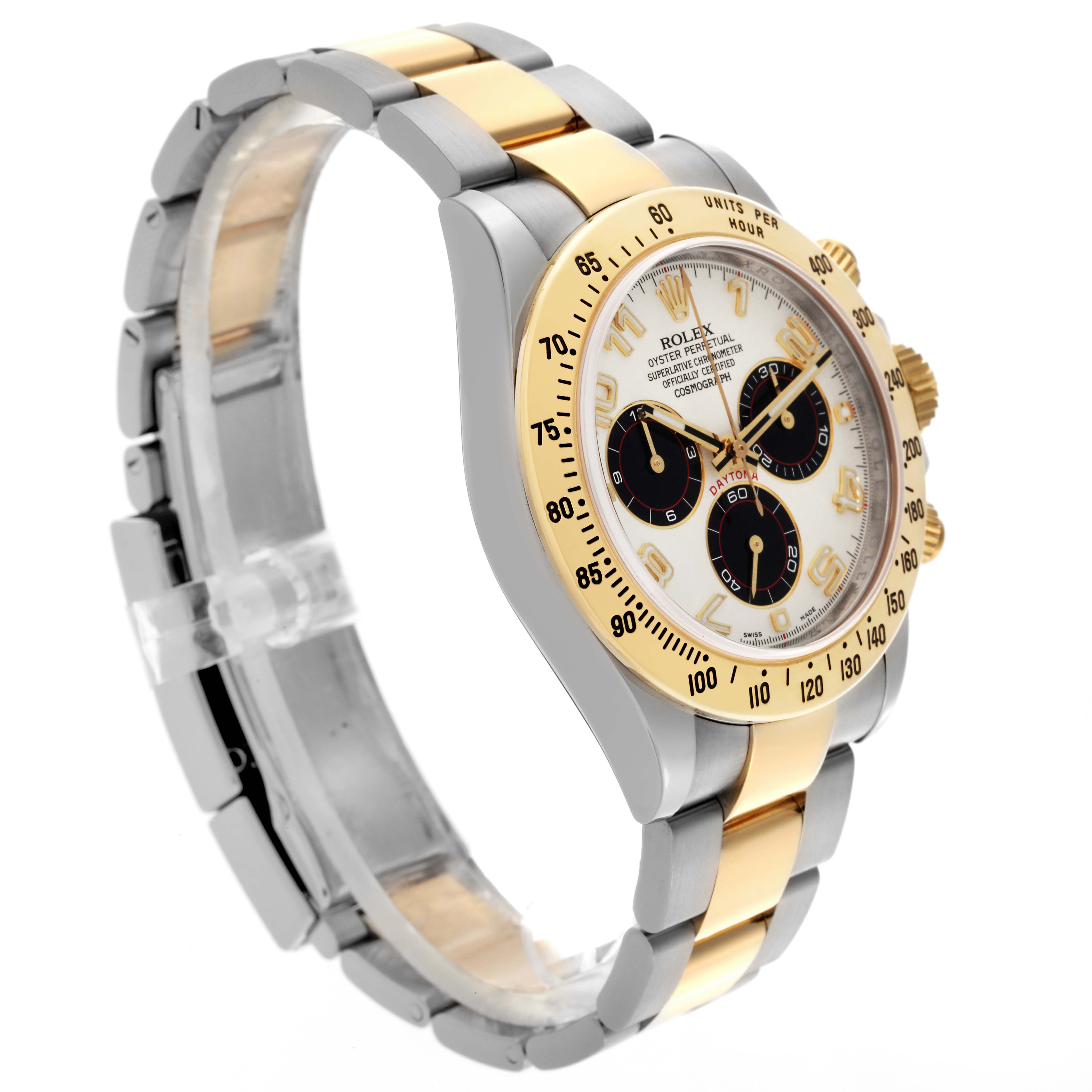 The Rolex Daytona 116523 Men
s Steel and Gold (two tone) Silver Dial 116523 Men
s Steel and Gold (two tone) Silver Dial watch is shown at an angled side view, highlighting the bezel, dial, bracelet, and side pushers.