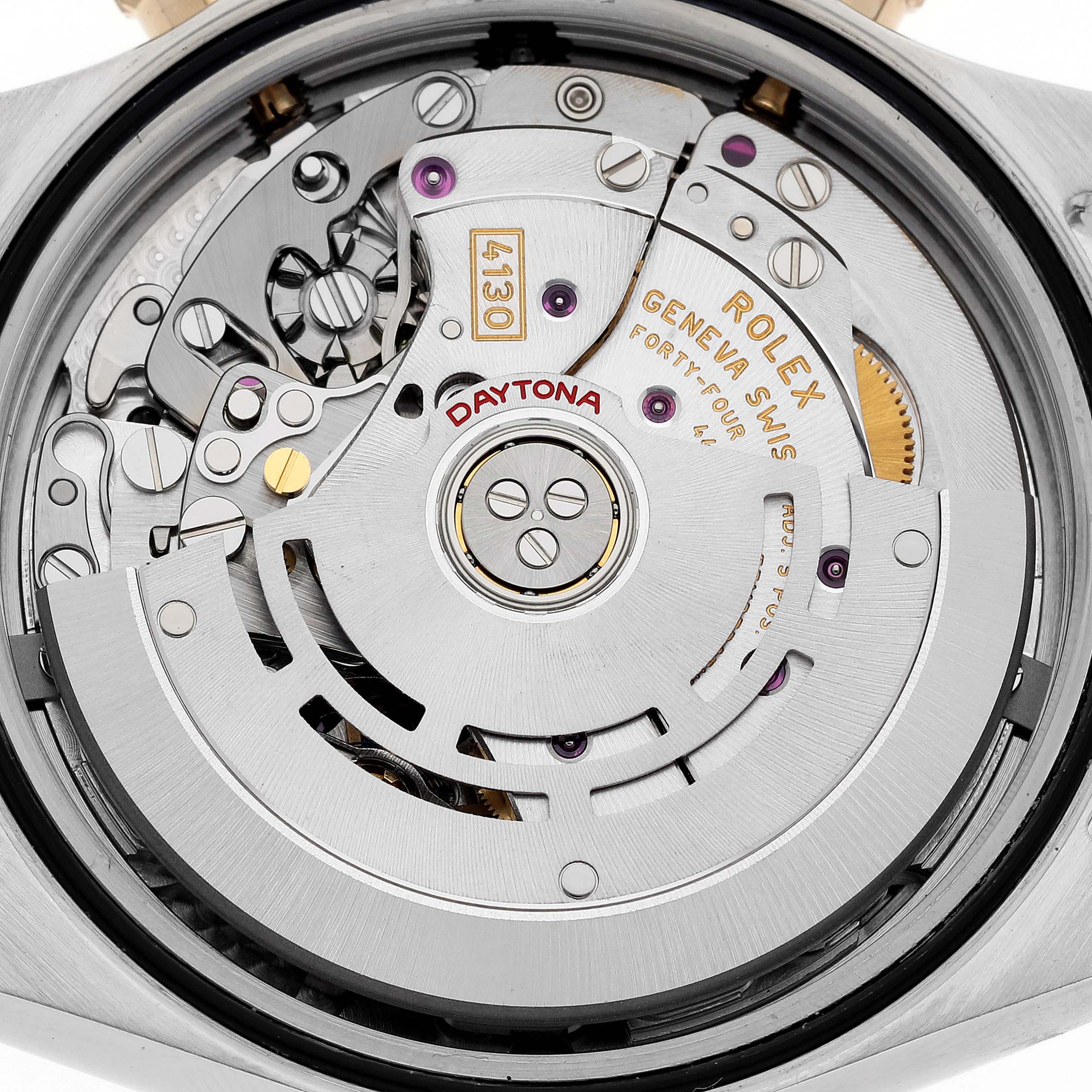 The image shows the movement and internal mechanisms of a Rolex Daytona 116523 Men
s Steel and Gold (two tone) Silver Dial 116523 Men
s Steel and Gold (two tone) Silver Dial watch from the back view.