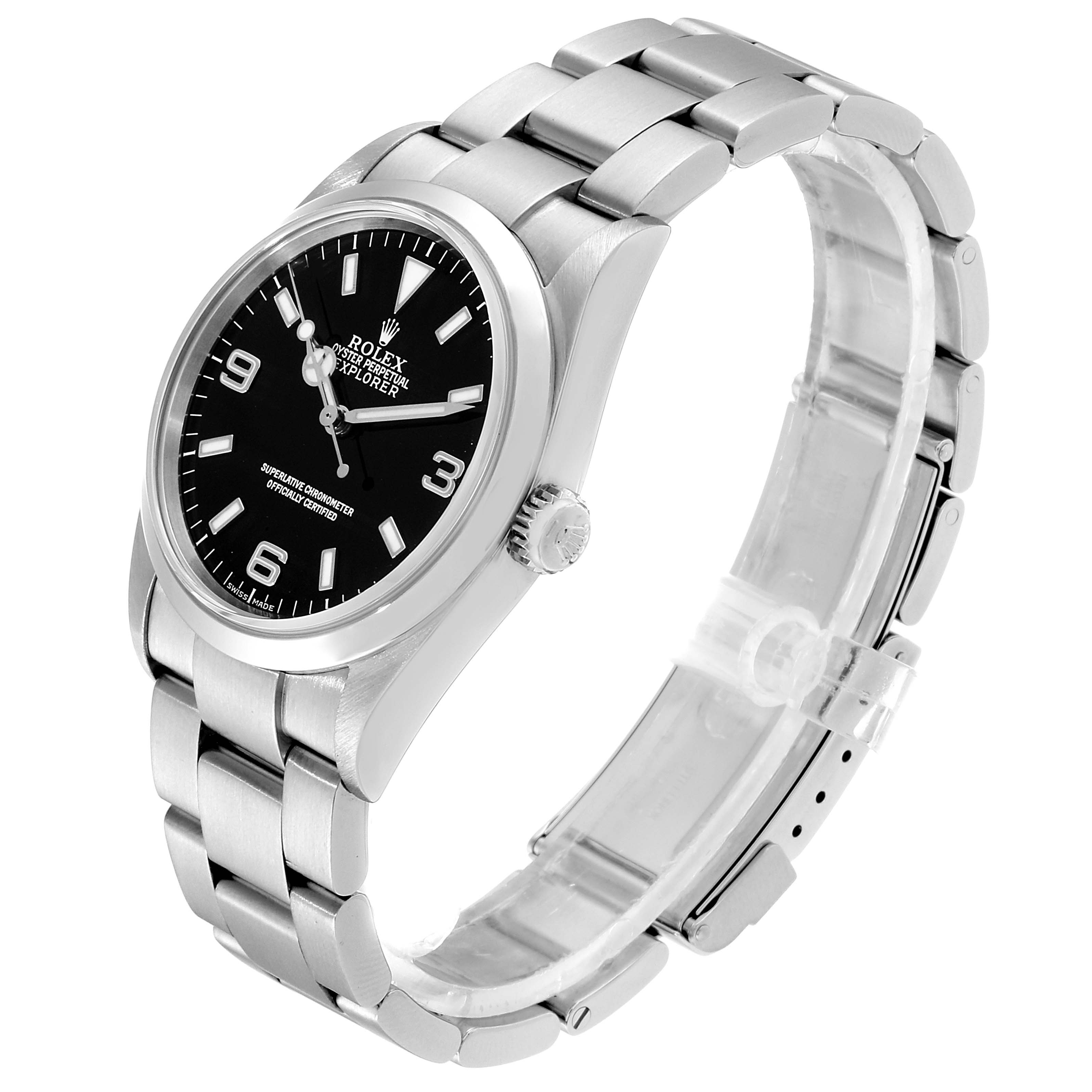 The image shows a side profile of the Rolex Explorer 114270 Men
s Stainless Steel Black Dial 114270 Men
s Stainless Steel Black Dial model, highlighting the watch
s face, bezel, crown, and bracelet.