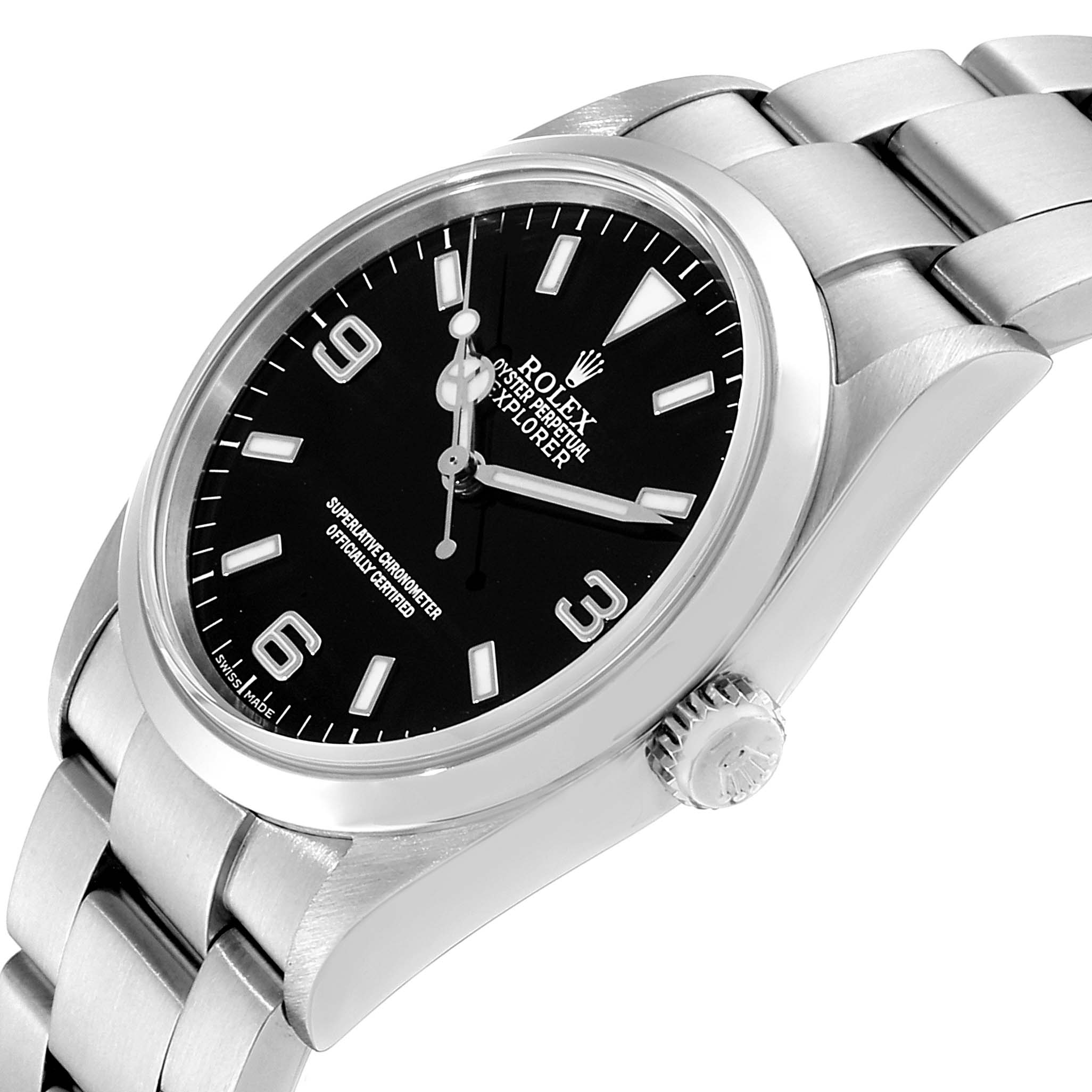 This image shows a Rolex Explorer 114270 Men
s Stainless Steel Black Dial 114270 Men
s Stainless Steel Black Dial watch at an angled front view, displaying the face, bezel, crown, and bracelet.