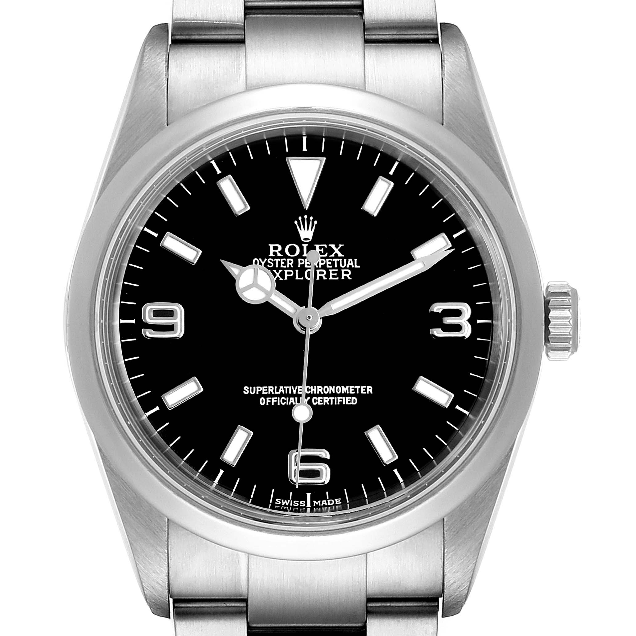 The image shows a front view of the Rolex Explorer 114270 Men
s Stainless Steel Black Dial 114270 Men
s Stainless Steel Black Dial watch, highlighting the dial, hands, crown, and part of the metal bracelet.