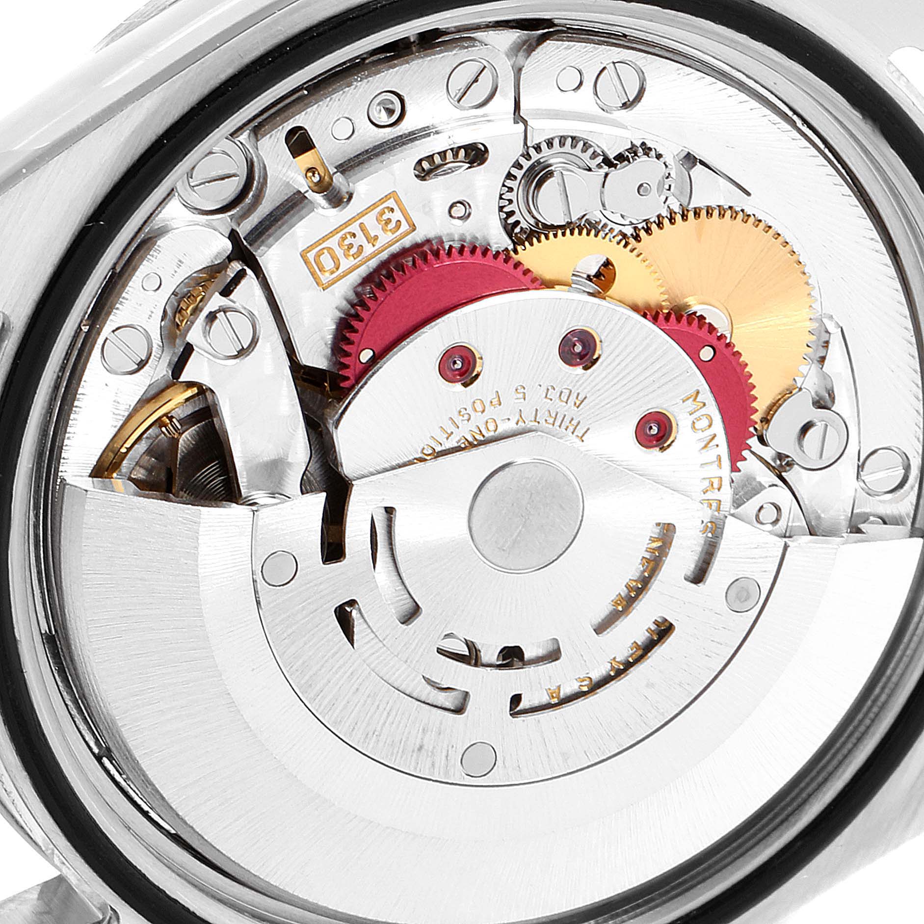 The image shows a close-up view of the Rolex Explorer 114270 Men
s Stainless Steel Black Dial 114270 Men
s Stainless Steel Black Dial model
s exposed mechanical movement parts.