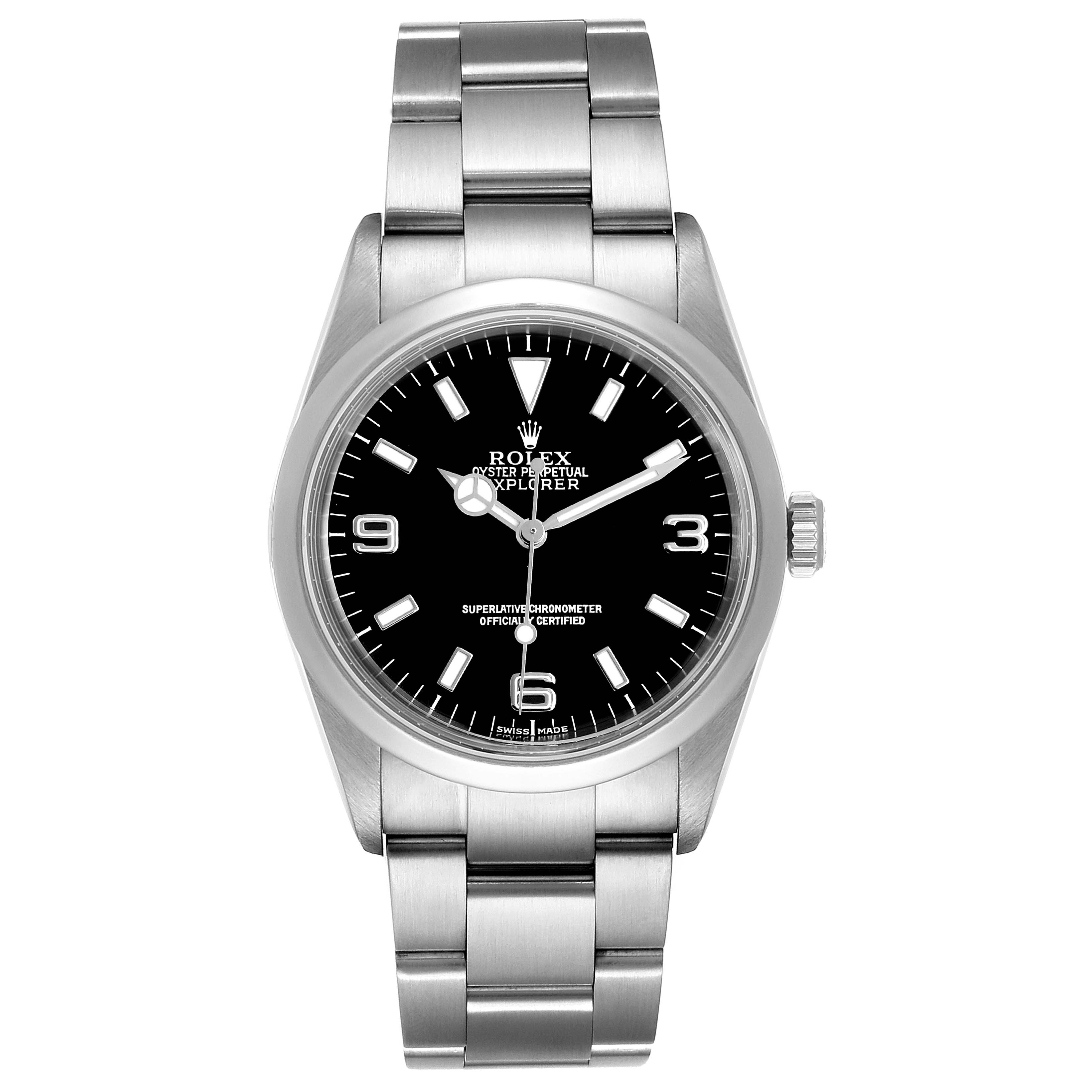 The image shows a front view of the Rolex Explorer 114270 Men
s Stainless Steel Black Dial 114270 Men
s Stainless Steel Black Dial watch, highlighting its black dial, stainless steel bracelet, and markings.