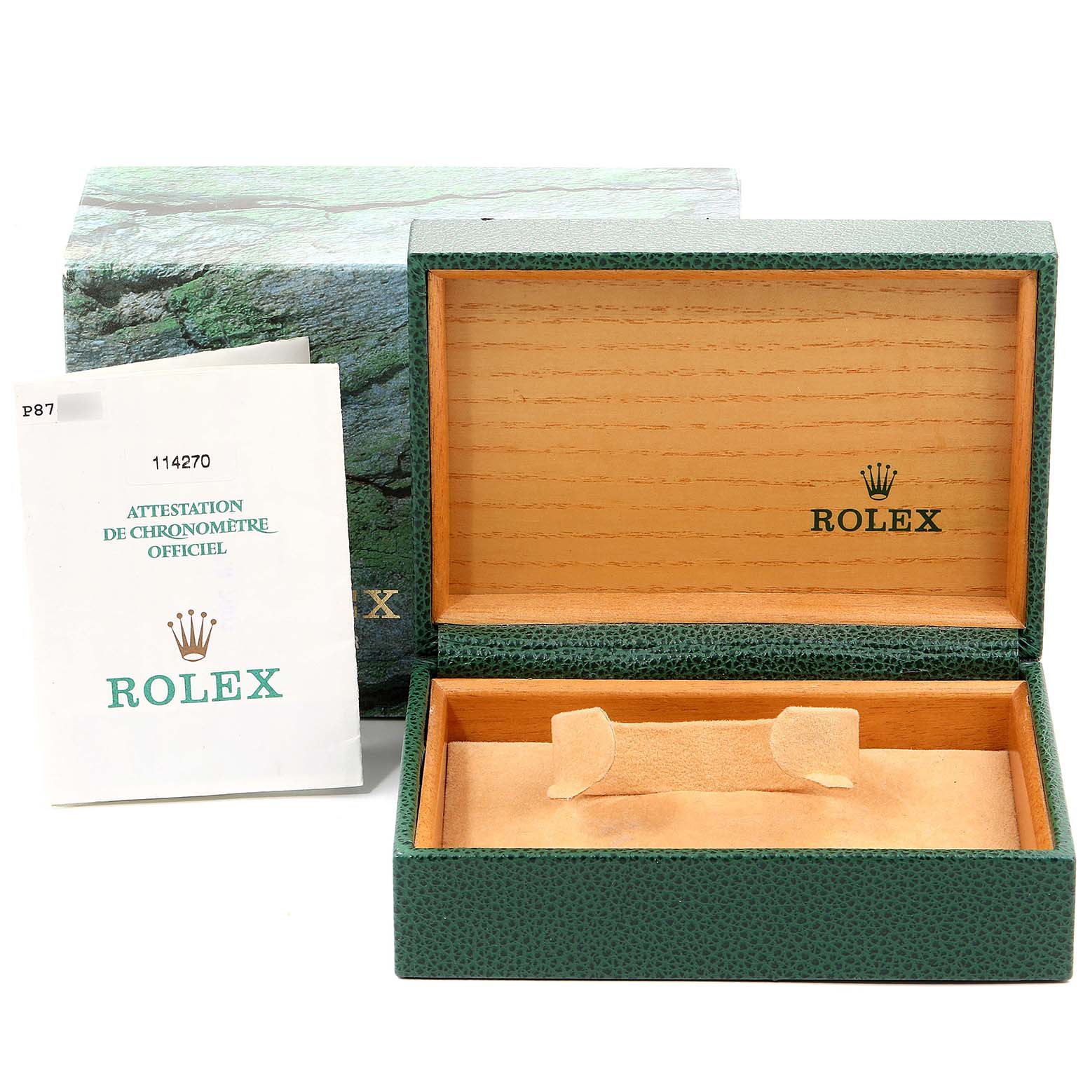 The image shows an empty open box for the Rolex Explorer 114270 Men
s Stainless Steel Black Dial 114270 Men
s Stainless Steel Black Dial, displayed from a front angle alongside its official certification document.
