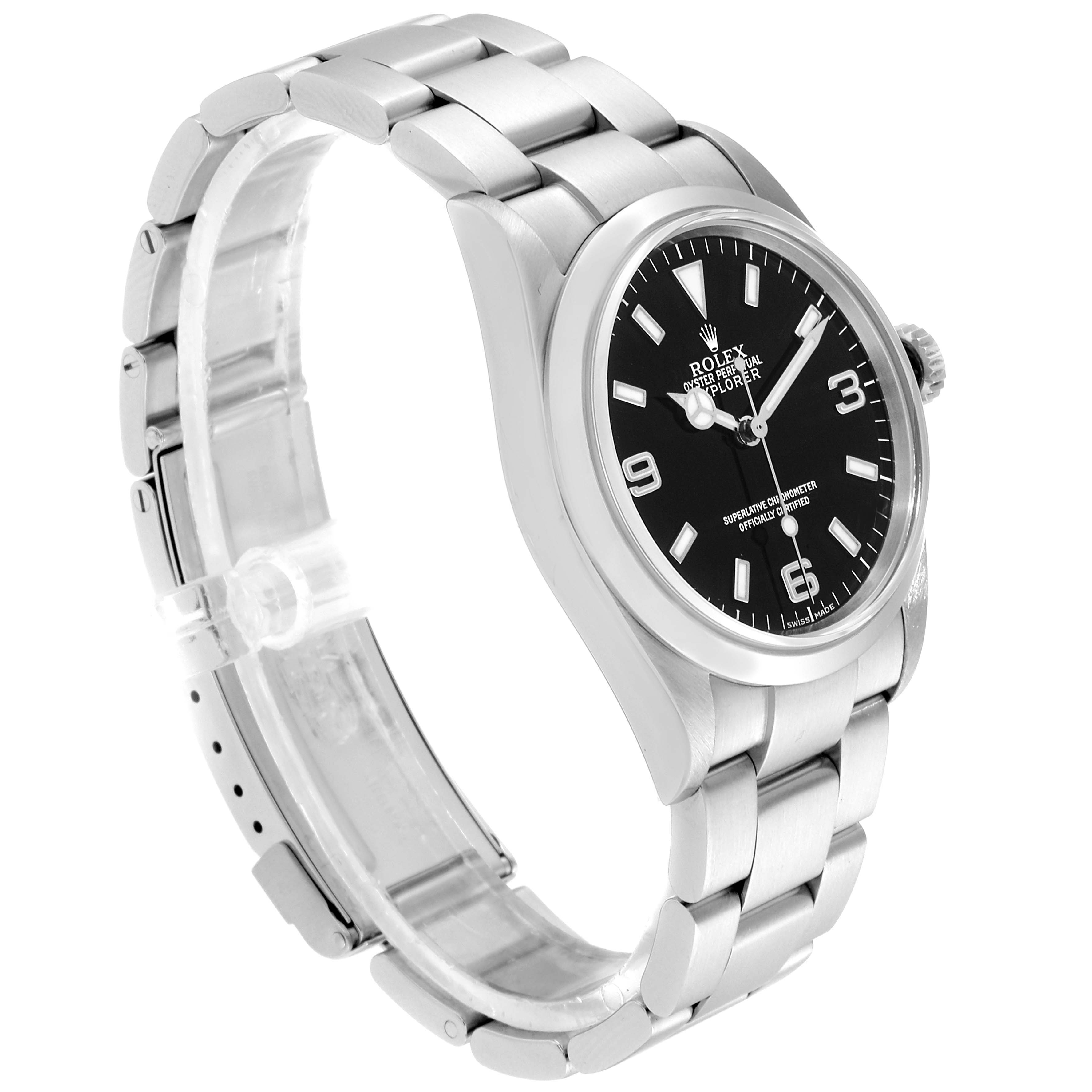 The image shows a side angle of a Rolex Explorer 114270 Men
s Stainless Steel Black Dial 114270 Men
s Stainless Steel Black Dial watch, highlighting its black dial, stainless steel case, and bracelet.