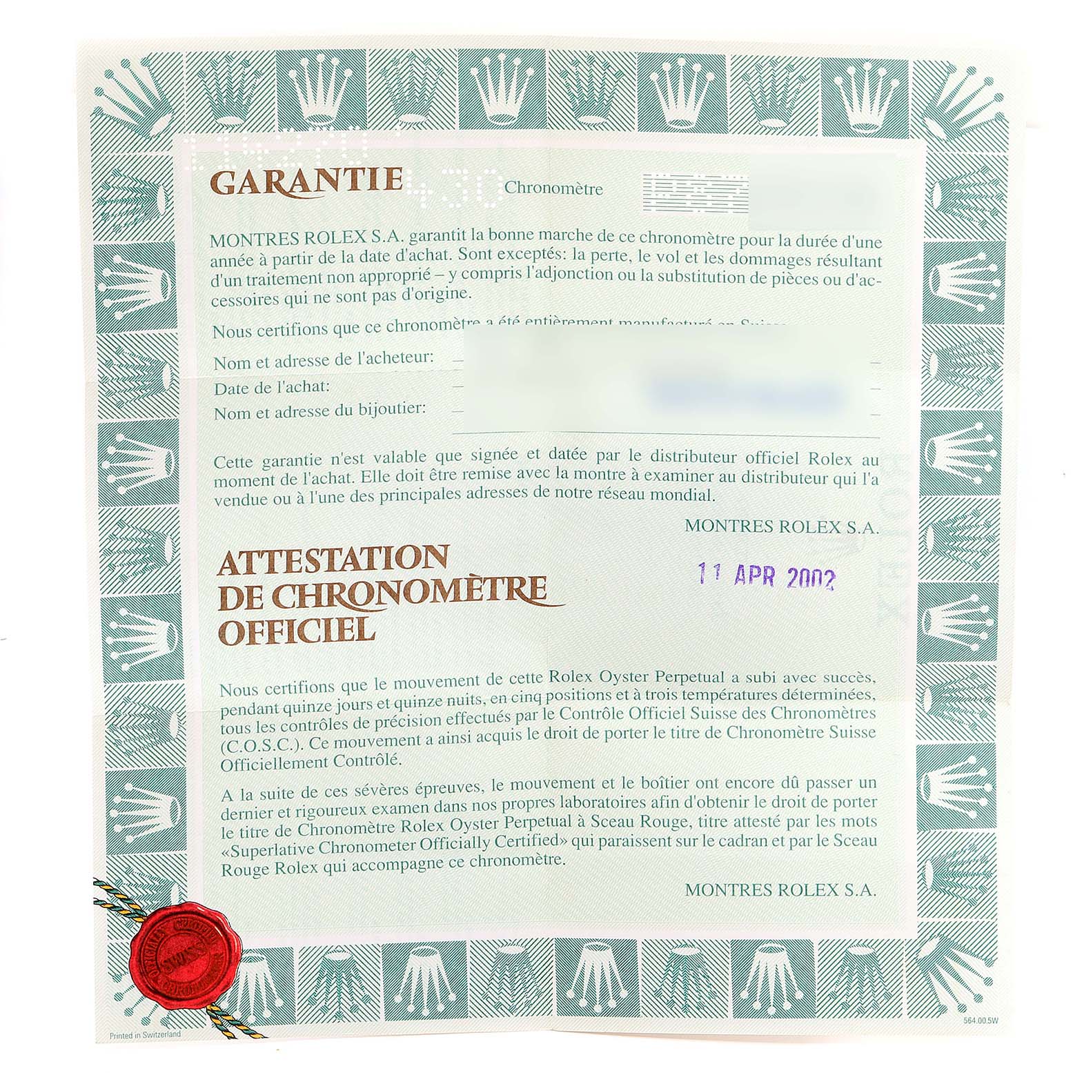 The image shows the official chronometer certificate and warranty document for a Rolex Explorer 114270 Men
s Stainless Steel Black Dial 114270 Men
s Stainless Steel Black Dial model.