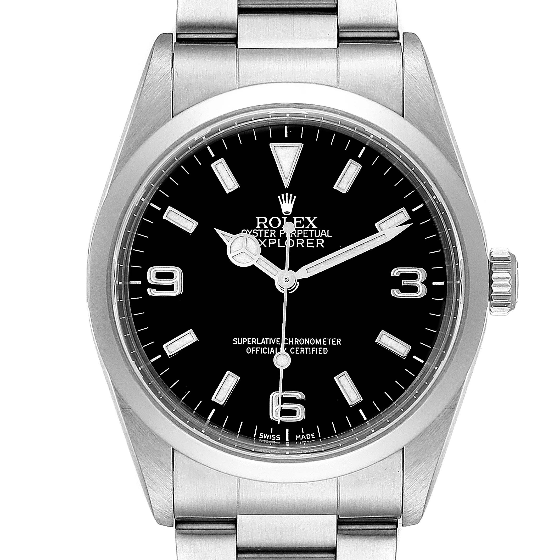 This image shows a front view of the watch face and part of the bracelet of the Rolex Explorer 14270 Men
s Stainless Steel Black Dial 14270 Men
s Stainless Steel Black Dial model.