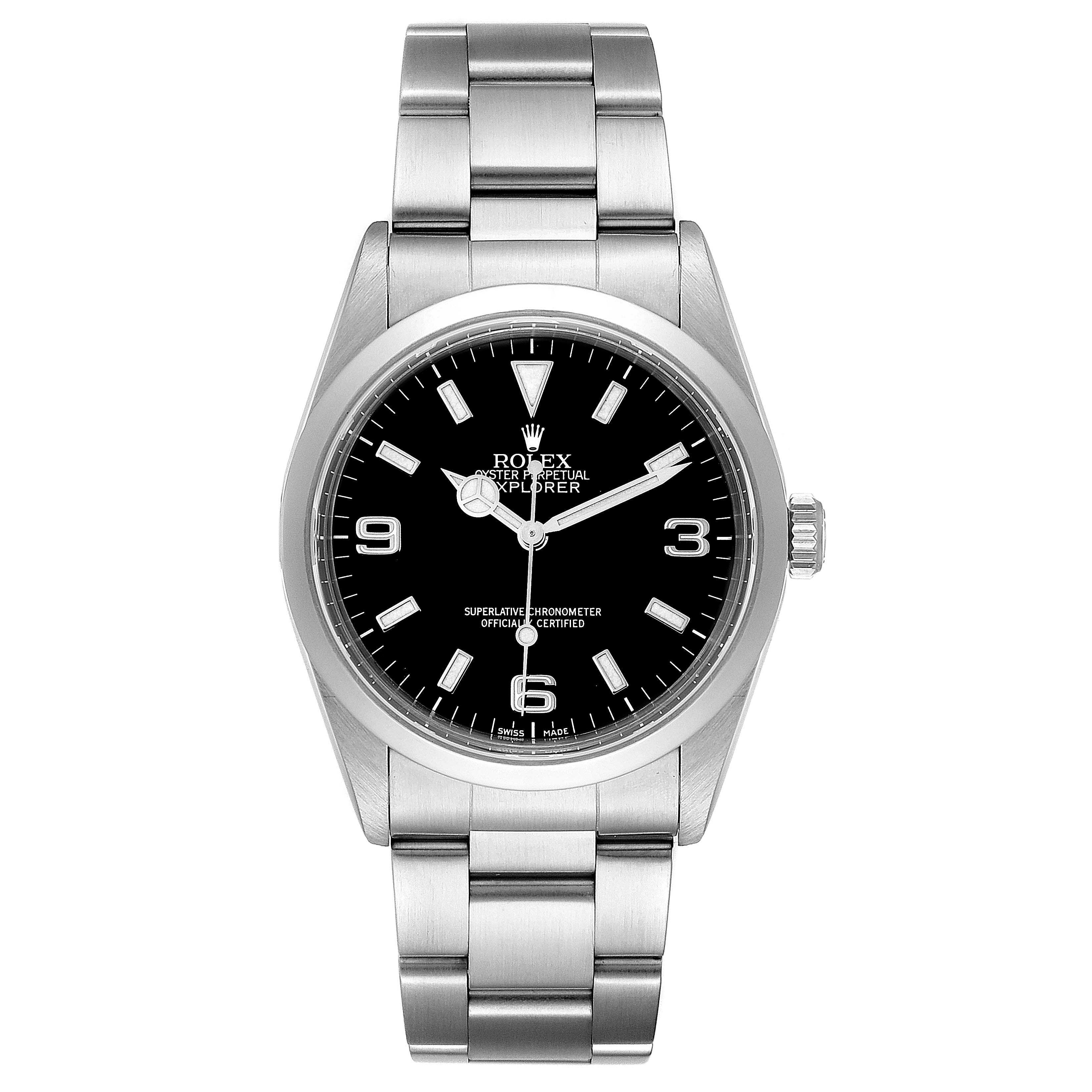This image shows a front view of the Rolex Explorer 14270 Men
s Stainless Steel Black Dial 14270 Men
s Stainless Steel Black Dial watch, displaying the face, bezel, case, and bracelet.
