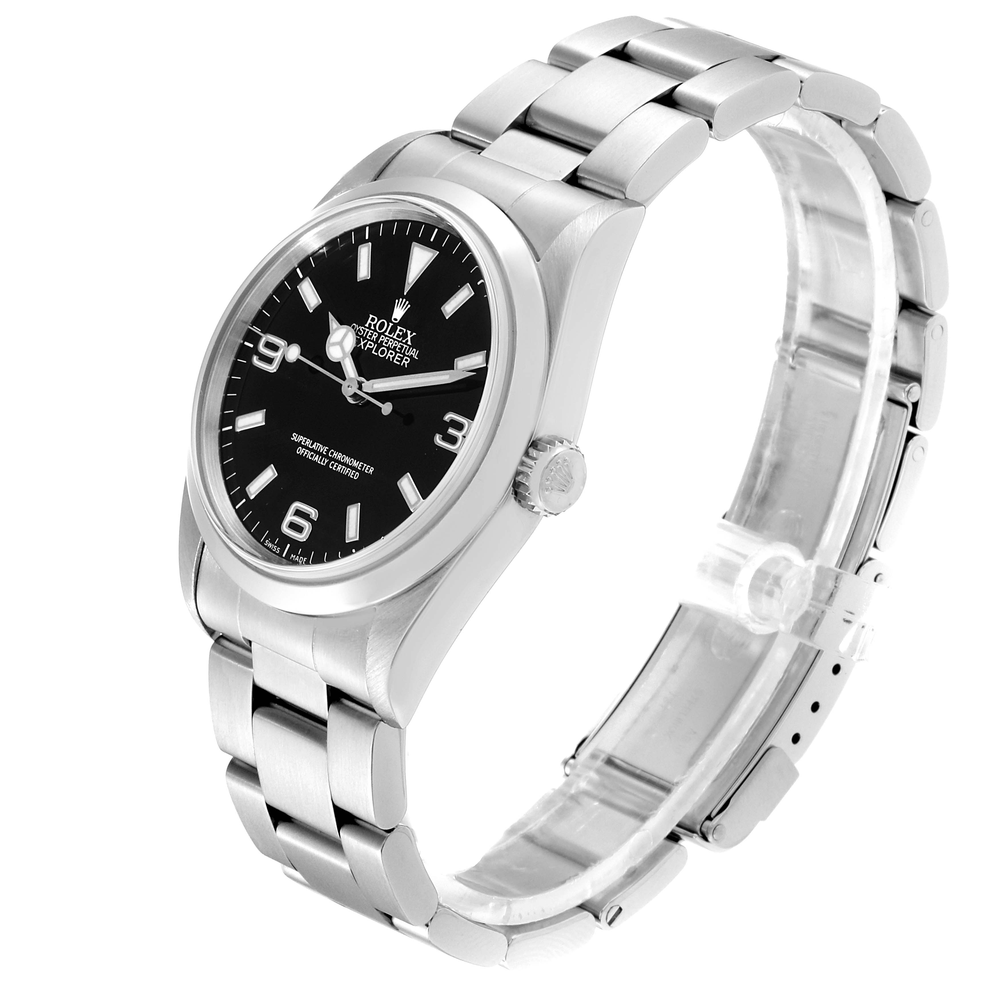 This image shows a Rolex Explorer 14270 Men
s Stainless Steel Black Dial 14270 Men
s Stainless Steel Black Dial watch at an angle highlighting the dial, crown, and bracelet.