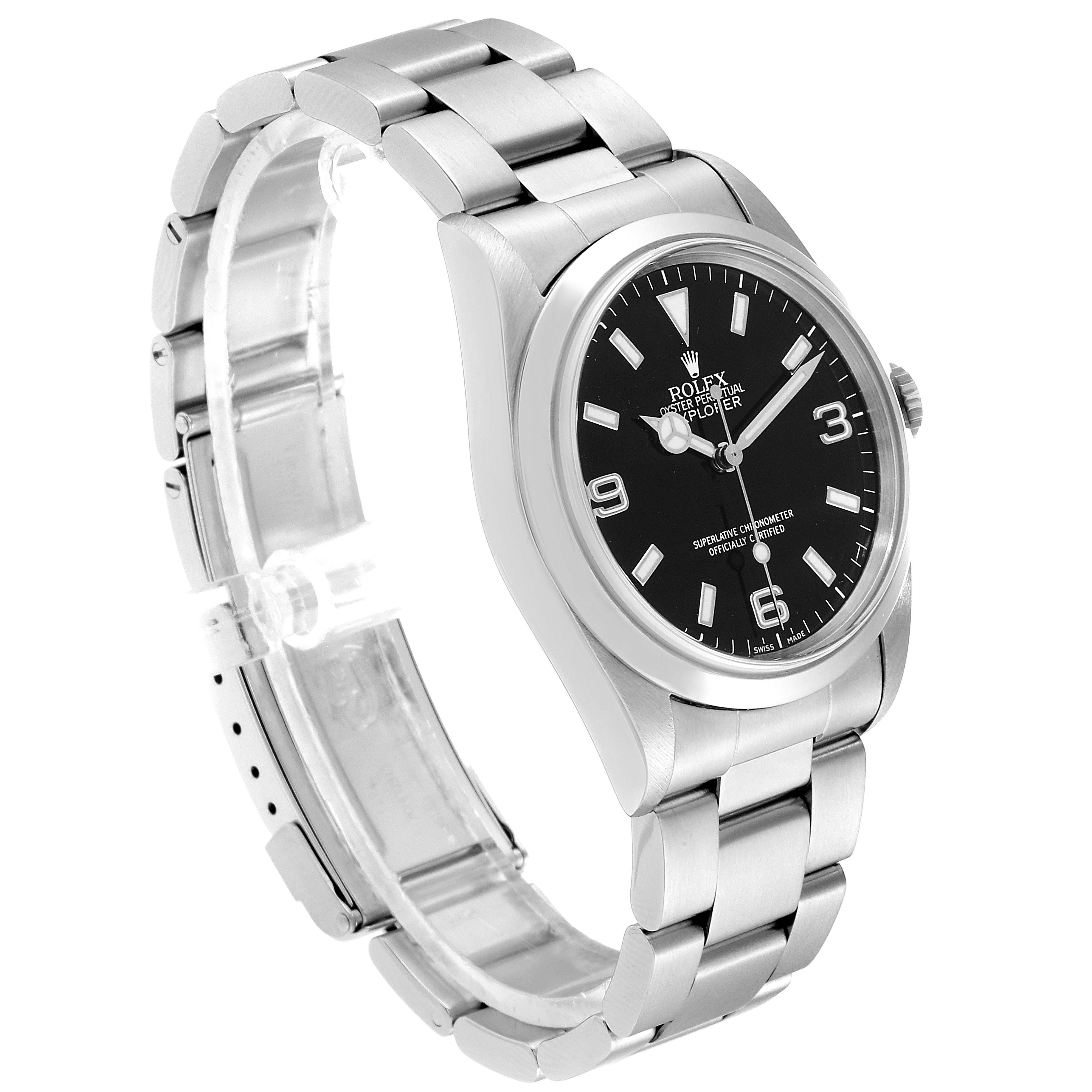 The image shows a Rolex Explorer 14270 Men
s Stainless Steel Black Dial 14270 Men
s Stainless Steel Black Dial watch from a slight angle, highlighting its bracelet, black dial, and casing.