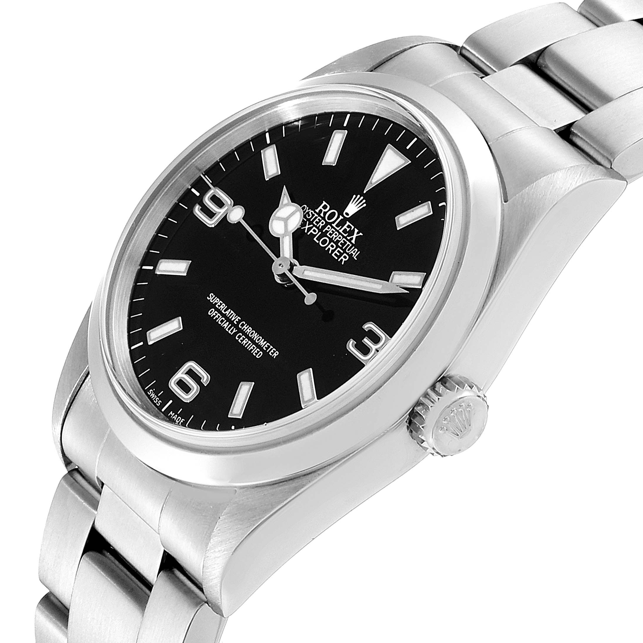 The image shows the Rolex Explorer 14270 Men
s Stainless Steel Black Dial 14270 Men
s Stainless Steel Black Dial watch at a slight angle, highlighting its dial, crown, bezel, and part of the bracelet.