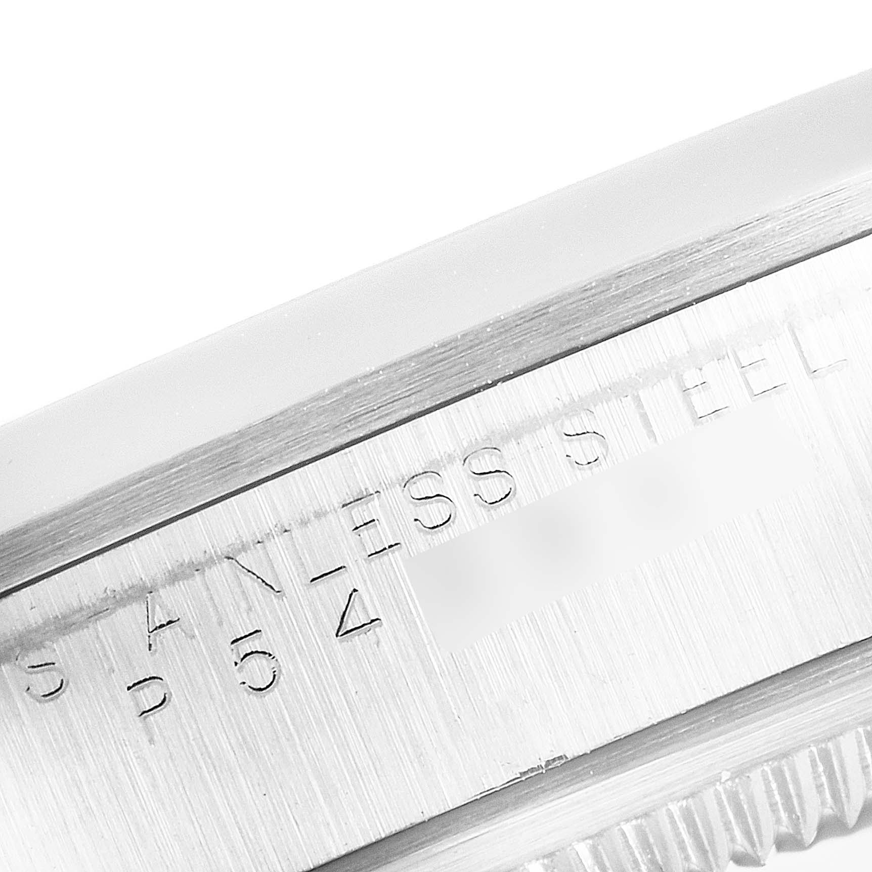 This image shows a close-up angle of the stainless steel case of a Rolex Explorer 14270 Men
s Stainless Steel Black Dial 14270 Men
s Stainless Steel Black Dial watch.