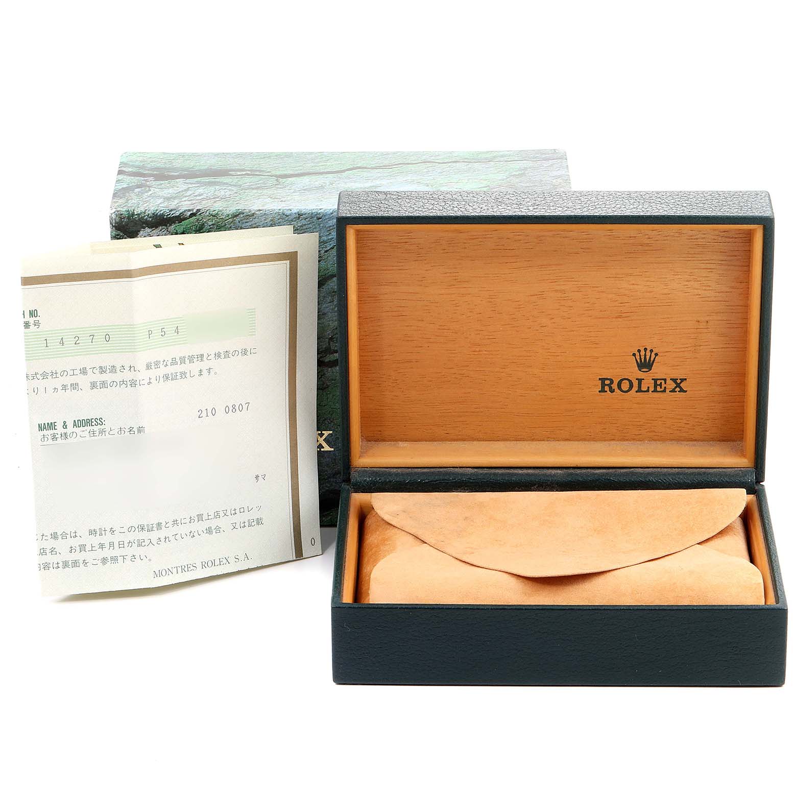 The image shows an open Rolex Explorer 14270 Men
s Stainless Steel Black Dial 14270 Men
s Stainless Steel Black Dial model watch box with a booklet and a protective case inside.