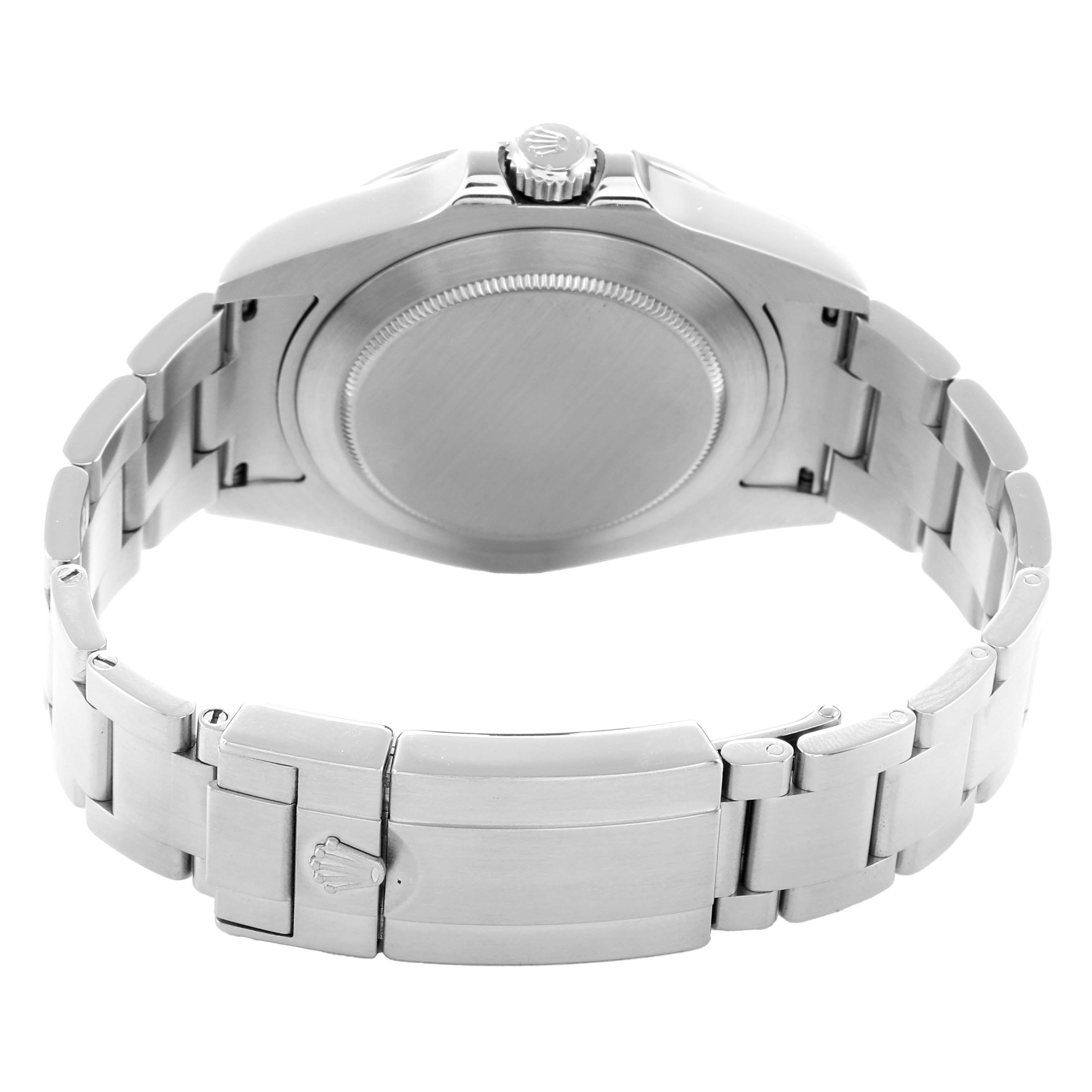 The image shows the back of the Rolex Explorer 216570 Men
s Stainless Steel Black Dial, highlighting the case back, bracelet, and clasp.