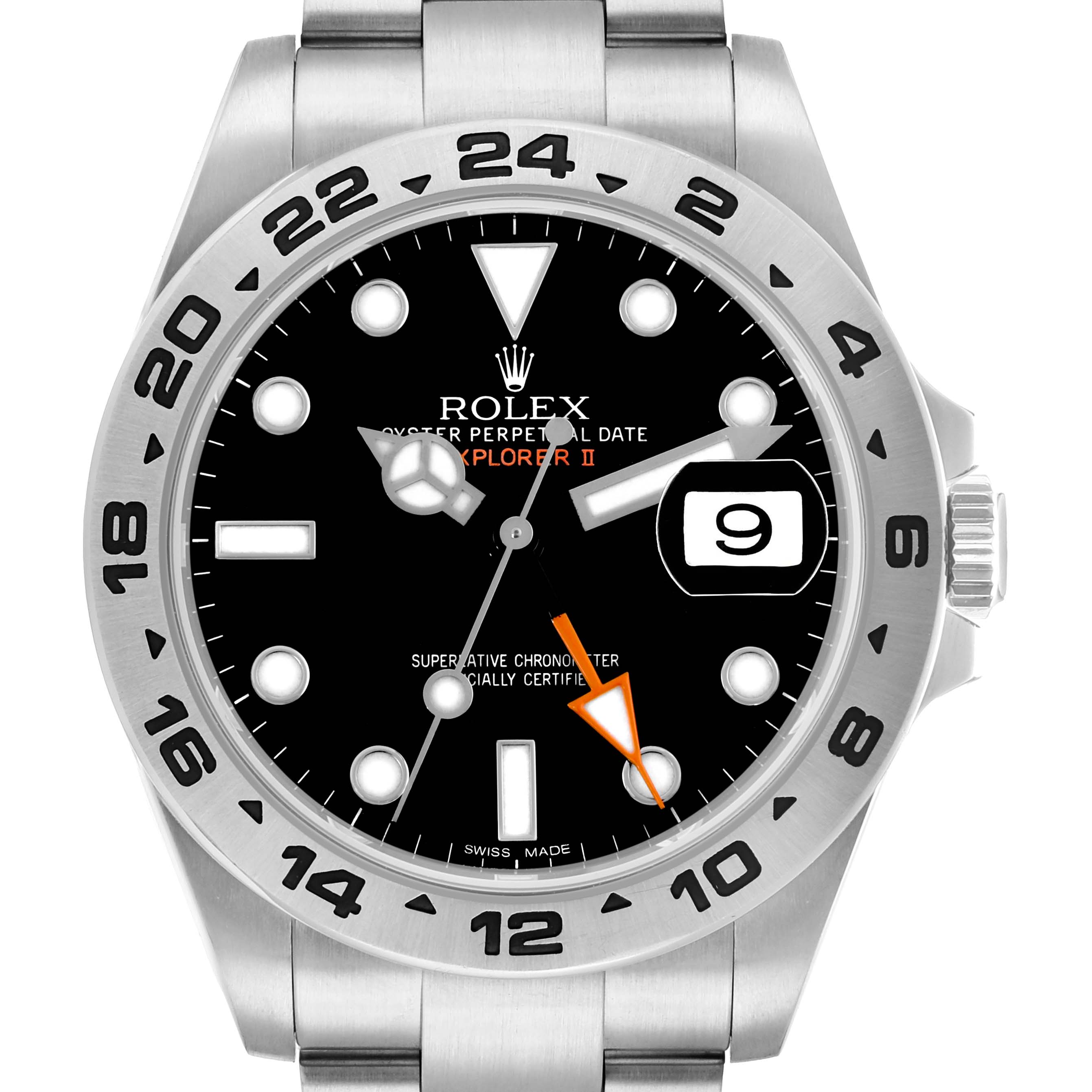 The Rolex Explorer 216570 Men
s Stainless Steel Black Dial II watch is shown from the front, displaying the dial, bezel, crown, and part of the bracelet.