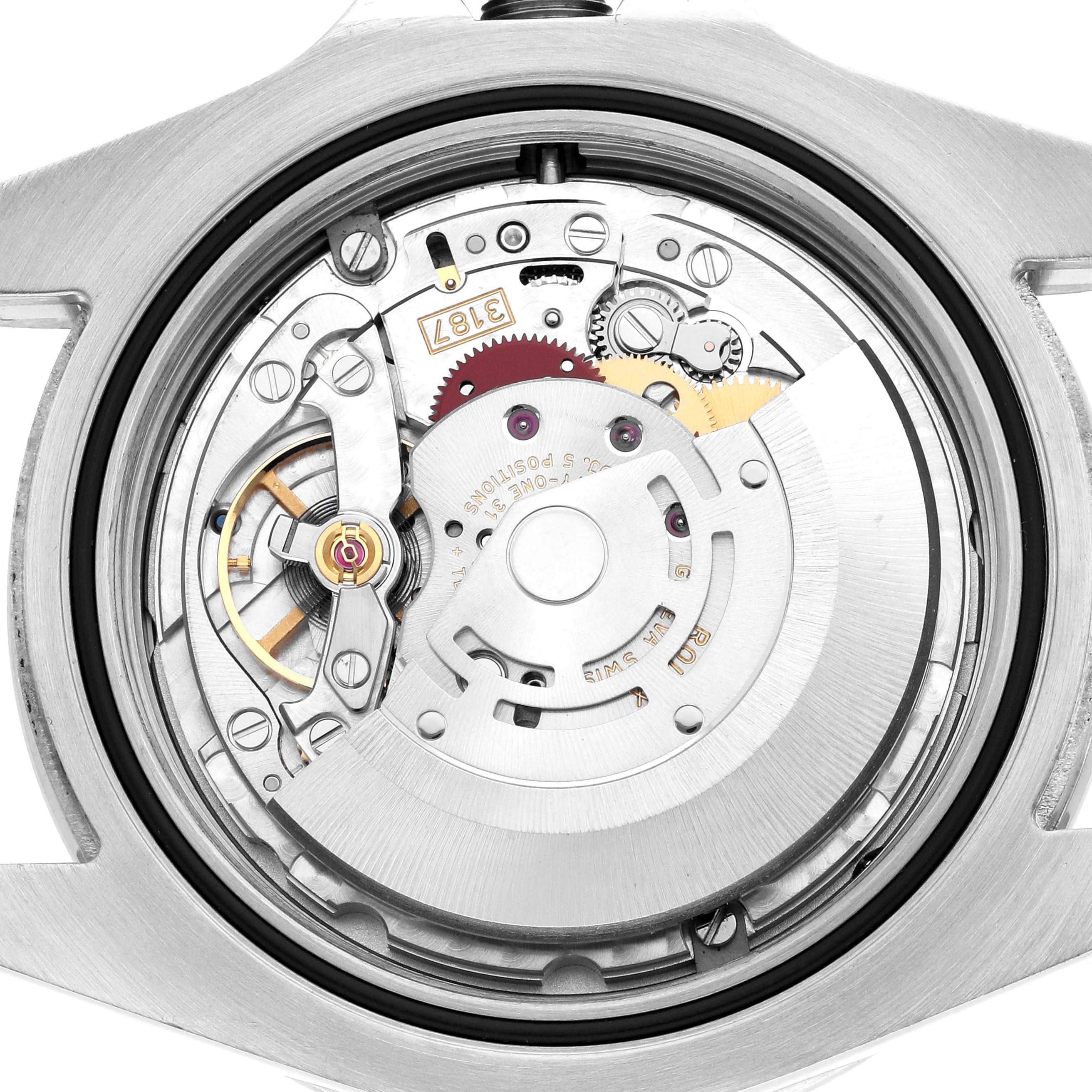 The image shows the back view of the Rolex Explorer 216570 Men
s Stainless Steel Black Dial, highlighting its automatic movement mechanism.