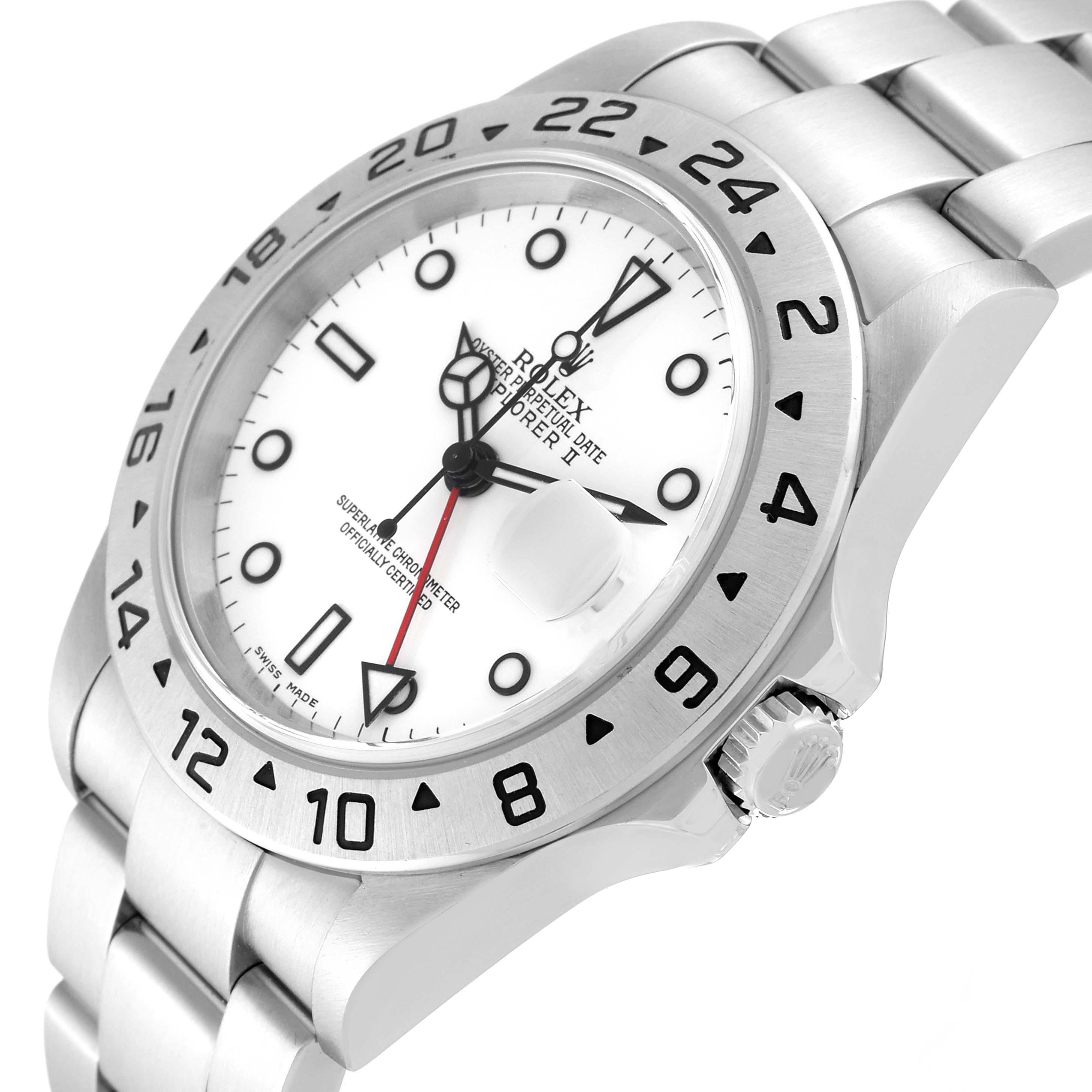 The Rolex Explorer 16570 Men's Stainless Steel White Dial 16570 Men's Stainless Steel White Dial watch is shown at an angled side view, highlighting the bezel, dial, and bracelet.