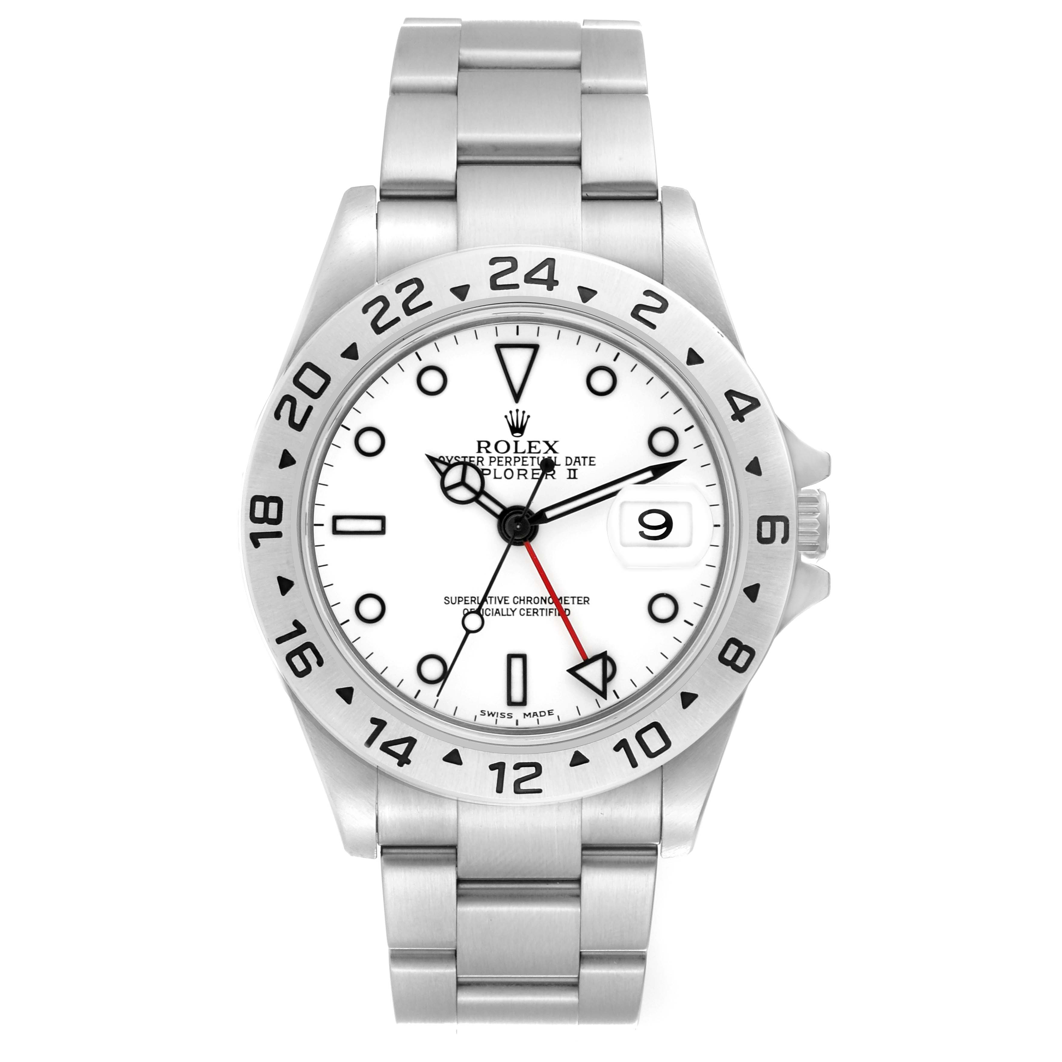 The image shows a frontal view of a Rolex Explorer 16570 Men's Stainless Steel White Dial 16570 Men's Stainless Steel White Dial watch with bracelet, bezel, and dial details visible.