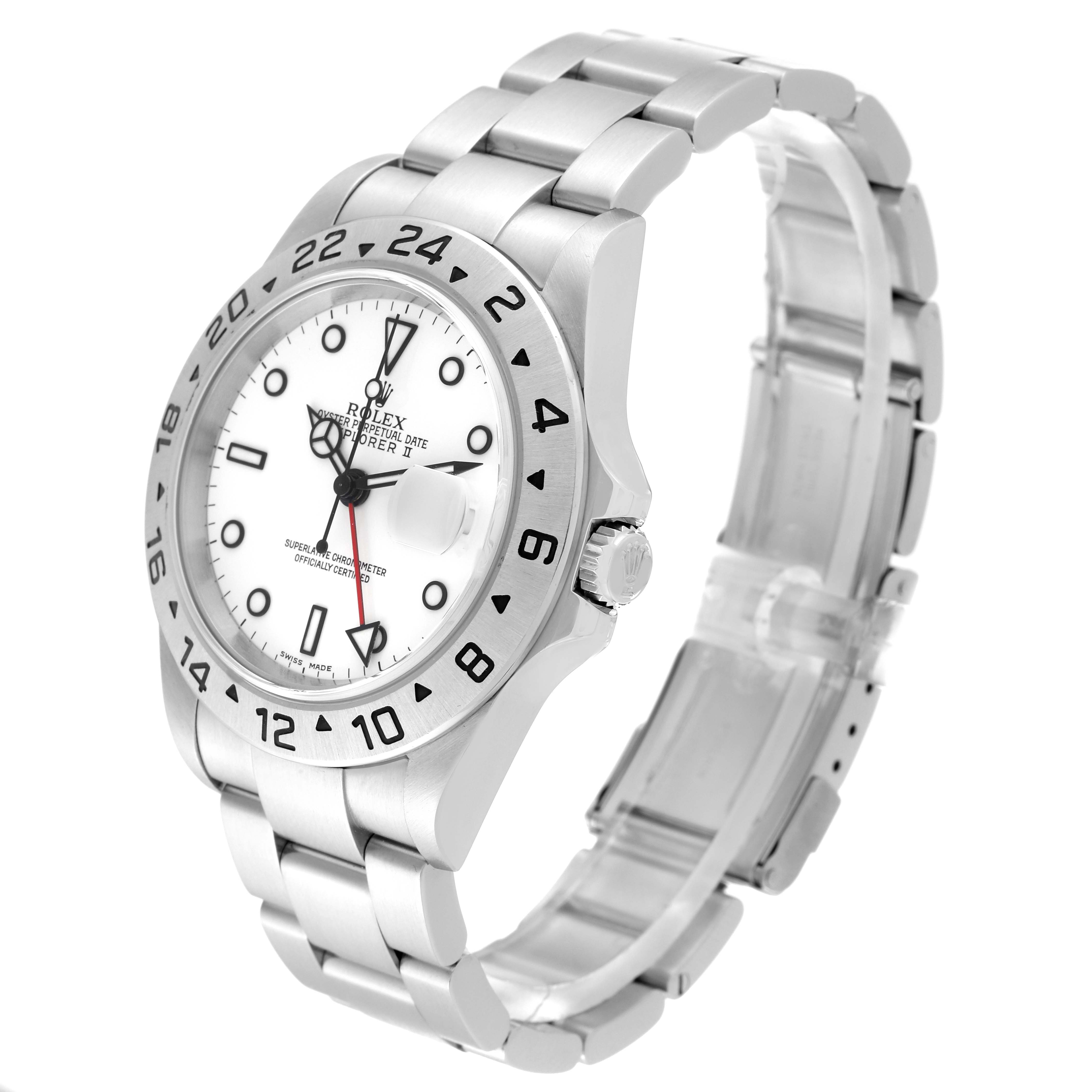 The Rolex Explorer 16570 Men's Stainless Steel White Dial 16570 Men's Stainless Steel White Dial watch is shown at a slight angle, revealing the bezel, dial, side, and part of the bracelet.