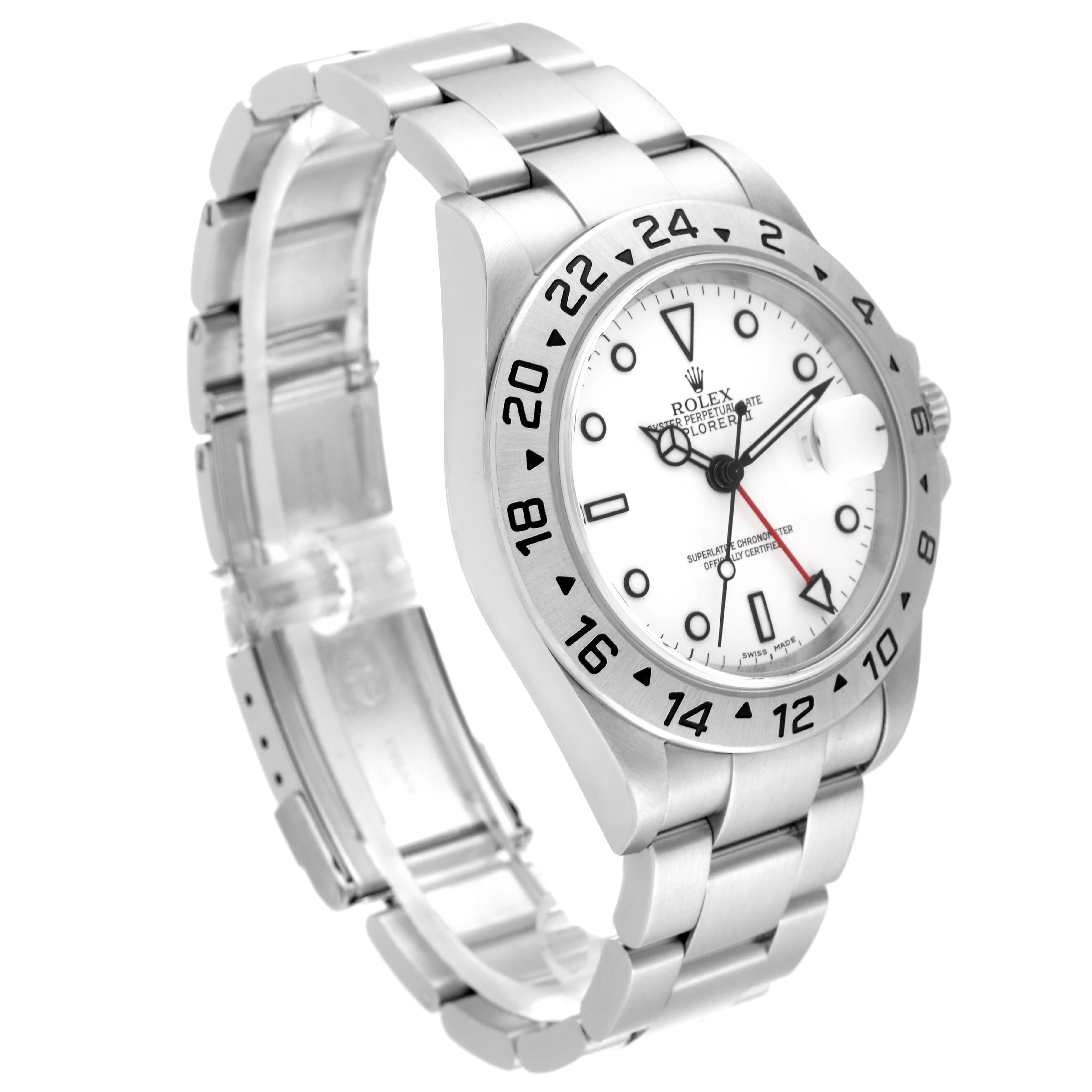 The Rolex Explorer 16570 Men's Stainless Steel White Dial 16570 Men's Stainless Steel White Dial watch is shown at a three-quarter angle, displaying its face, bezel with 24-hour markers, and bracelet.