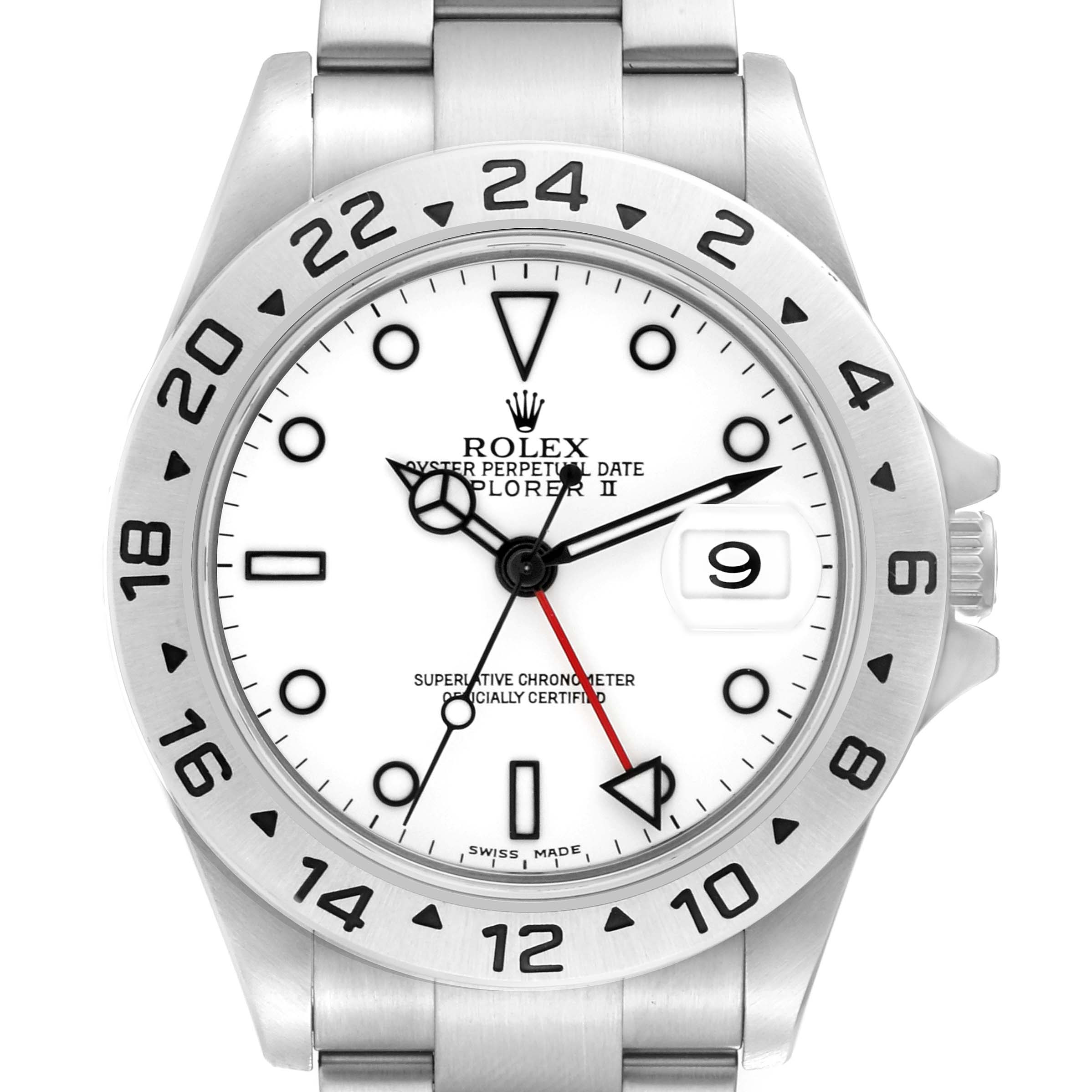 The Rolex Explorer 16570 Men's Stainless Steel White Dial 16570 Men's Stainless Steel White Dial watch is shown from the front, displaying the face, bezel, and part of the bracelet.