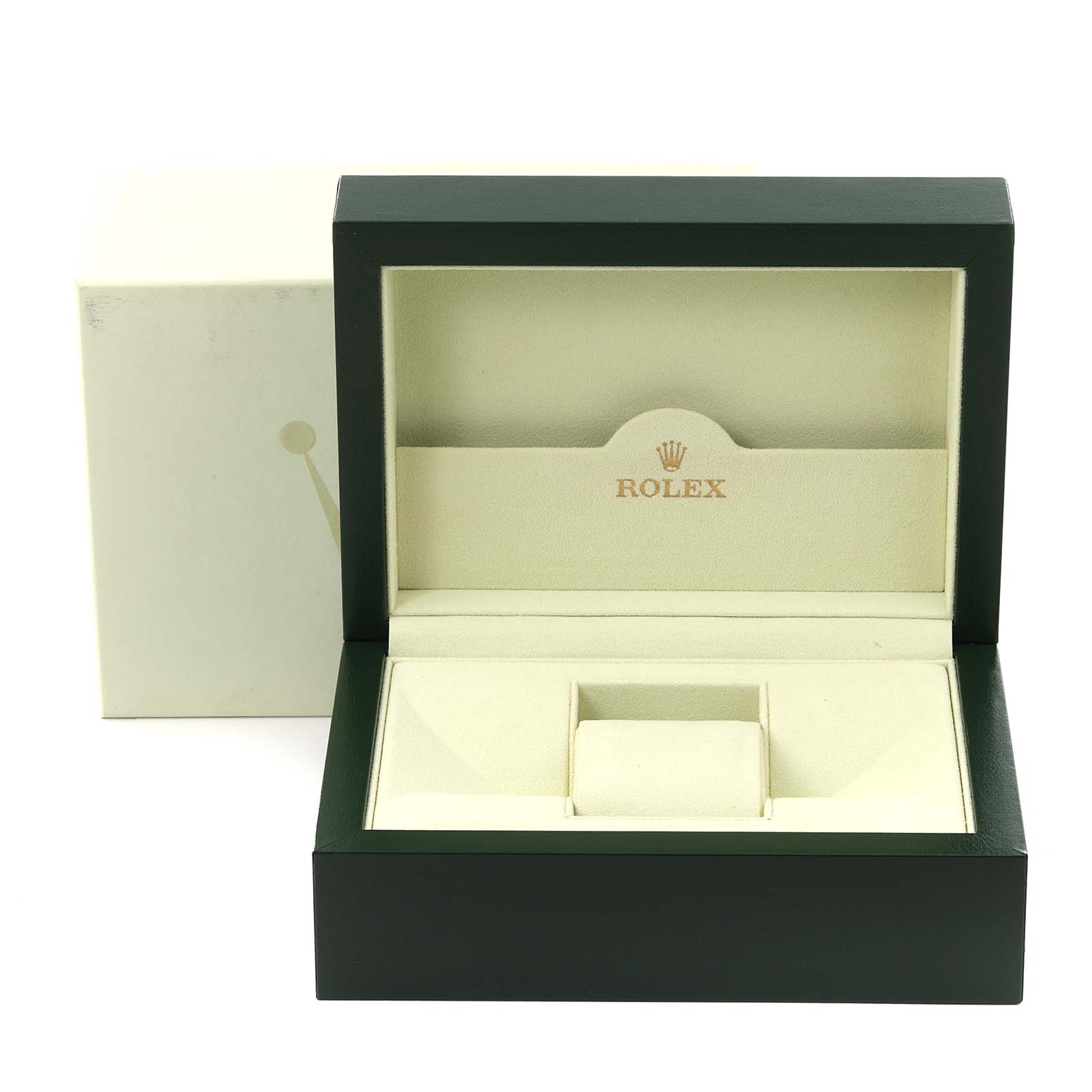 The image shows an empty Rolex Explorer 16570 Men's Stainless Steel White Dial 16570 Men's Stainless Steel White Dial watch box, open to display its beige interior and logo.