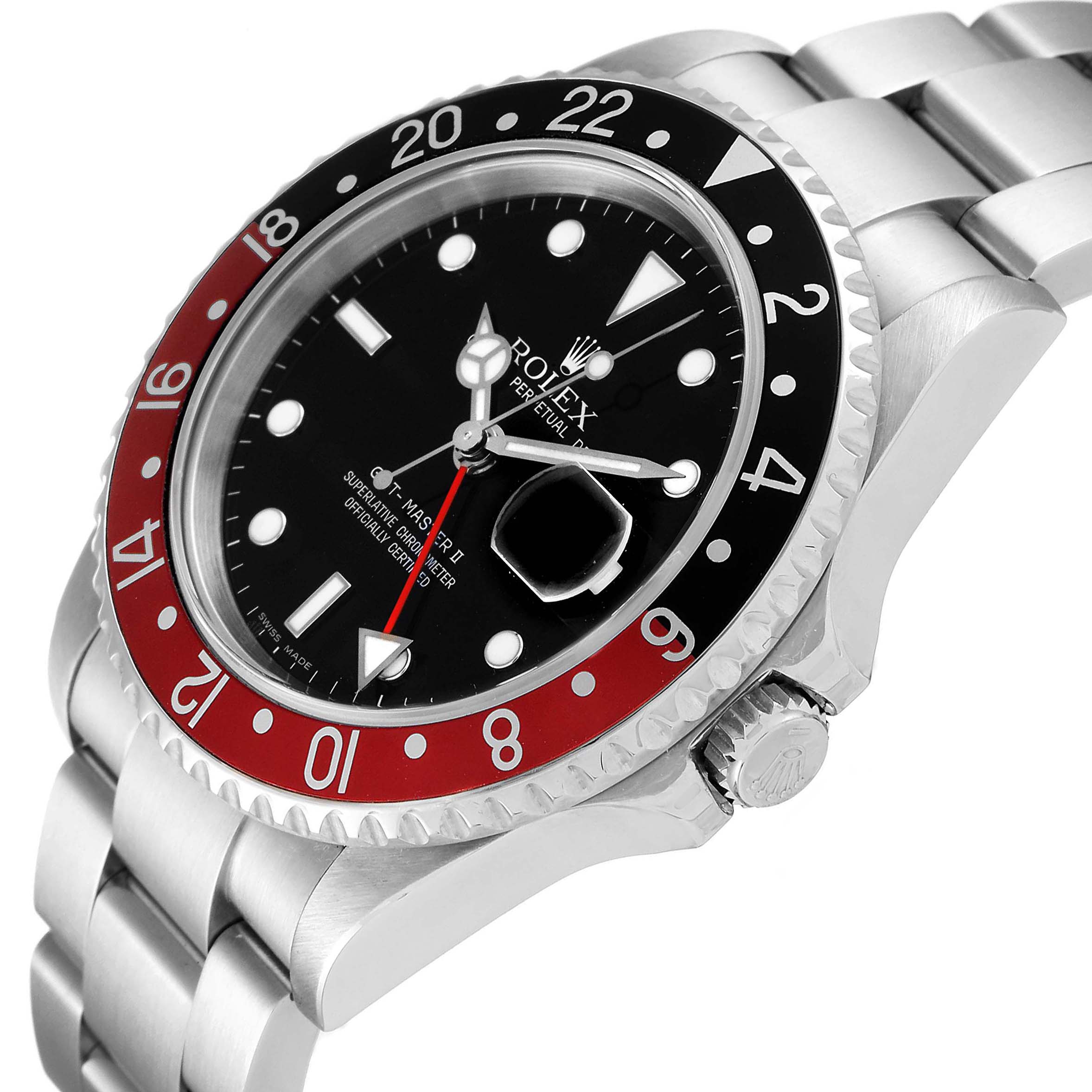 This image shows a close-up angled view of the face and bezel of the Rolex GMT-Master 16710 Men's Stainless Steel Black Dial 16710 Men's Stainless Steel Black Dial II watch.
