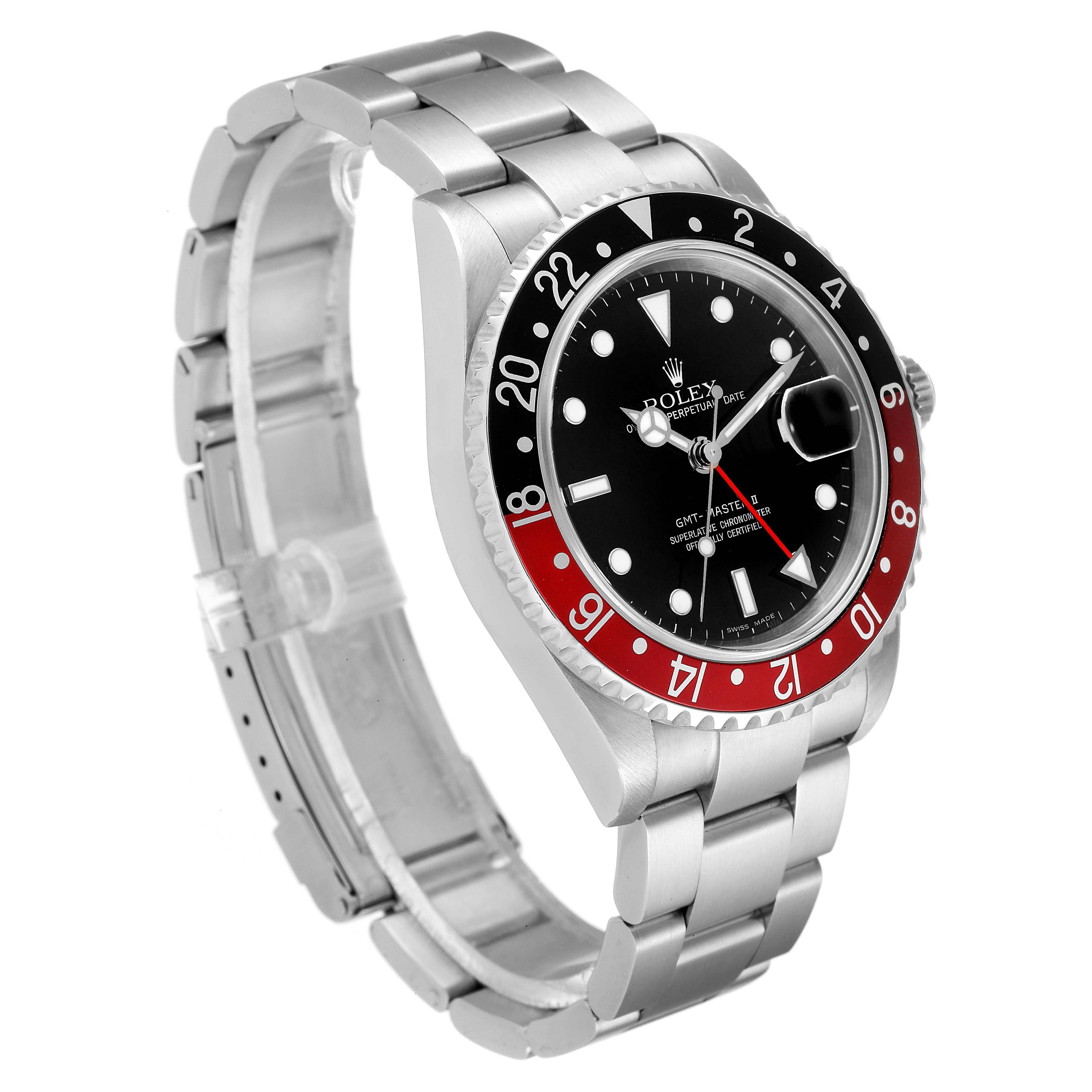The image shows a Rolex GMT-Master 16710 Men's Stainless Steel Black Dial 16710 Men's Stainless Steel Black Dial watch at an angle displaying its face and partially opened stainless steel bracelet.