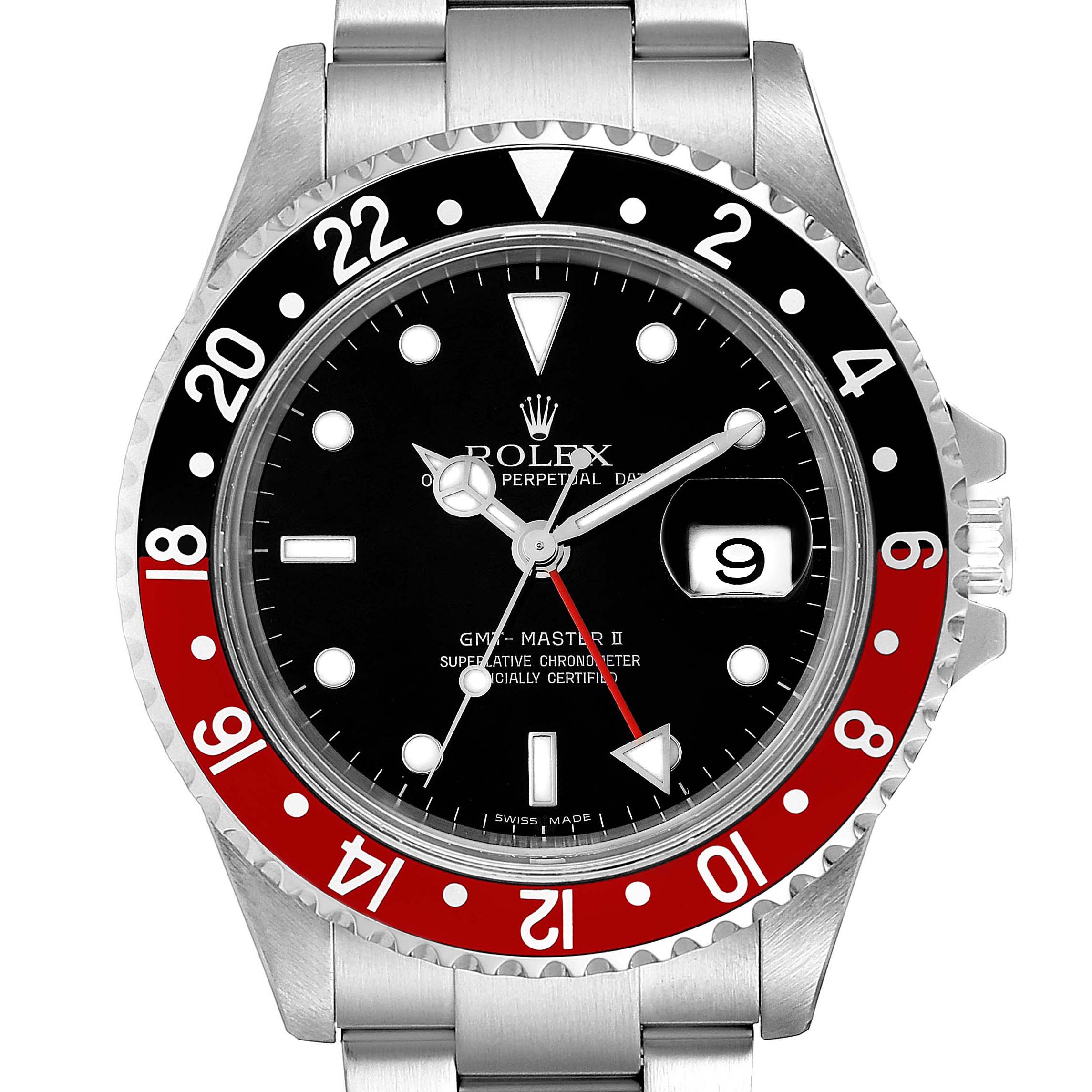 This image shows a front view of a Rolex GMT-Master 16710 Men's Stainless Steel Black Dial 16710 Men's Stainless Steel Black Dial II watch with a black and red bezel and a stainless steel band.