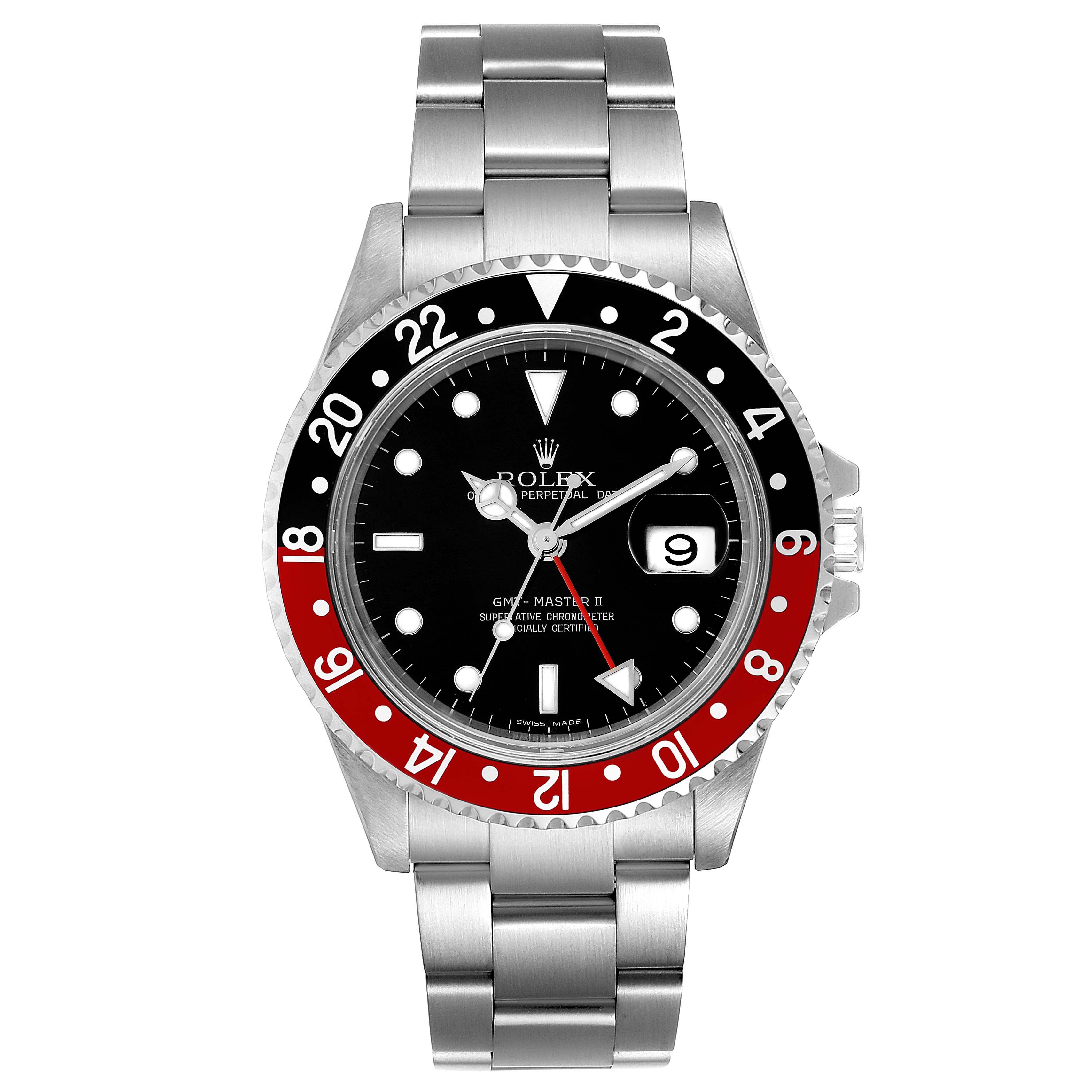 The image shows a front view of a Rolex GMT-Master 16710 Men's Stainless Steel Black Dial 16710 Men's Stainless Steel Black Dial watch with a black and red bezel and a metal bracelet.