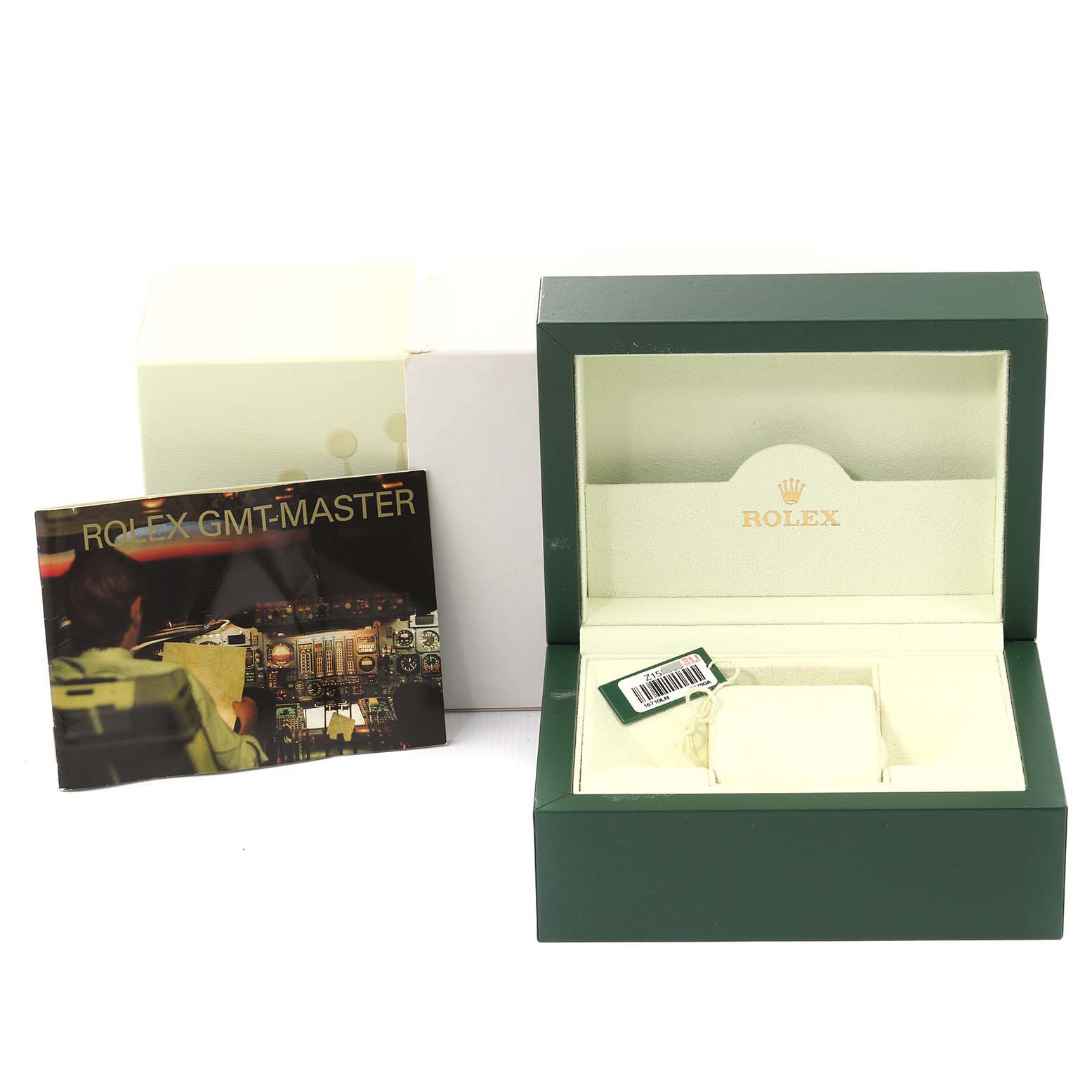 This image shows the box, booklet, and tag for a Rolex GMT-Master 16710 Men's Stainless Steel Black Dial 16710 Men's Stainless Steel Black Dial watch.