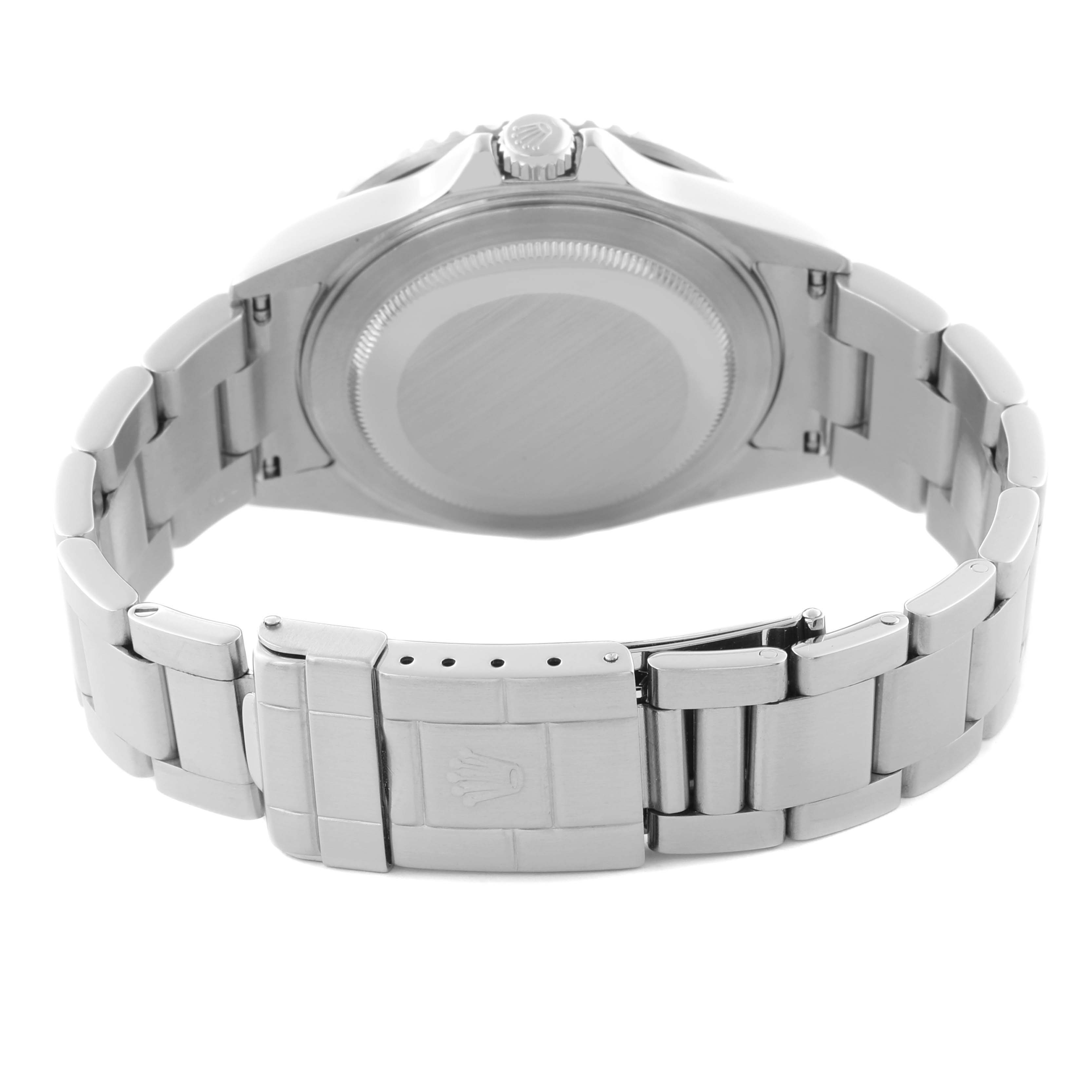 The image shows the back case and clasp of a Rolex GMT-Master 16710 Men
s Stainless Steel Black Dial 16710 Men
s Stainless Steel Black Dial watch from a rear angle.